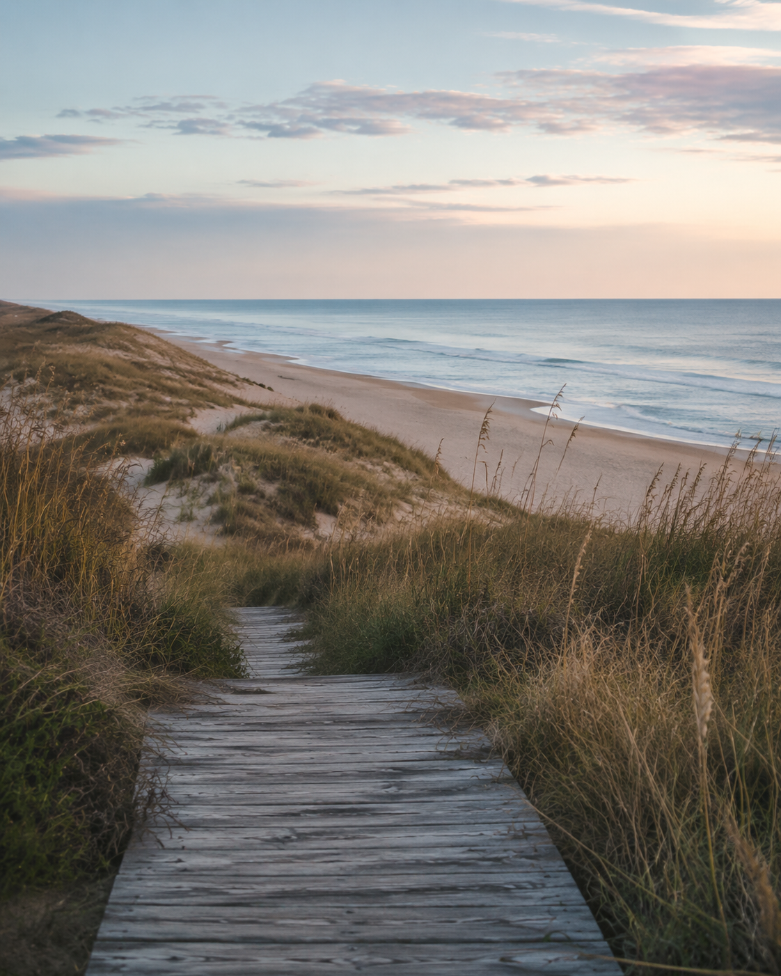 Weathered boardwalk leading through dunes to the Atlantic