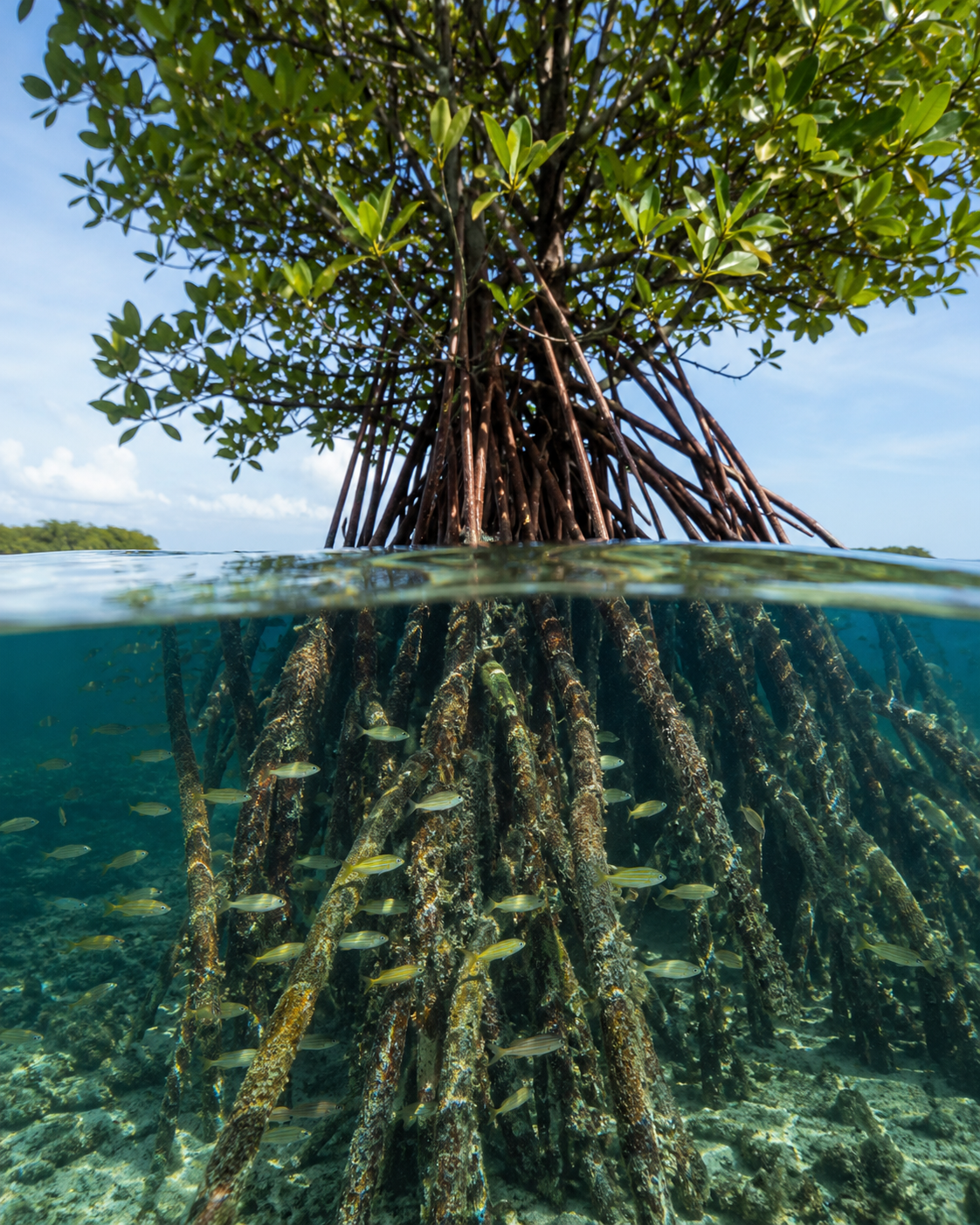 Mangrove roots sheltering juvenile fish at the waterline
