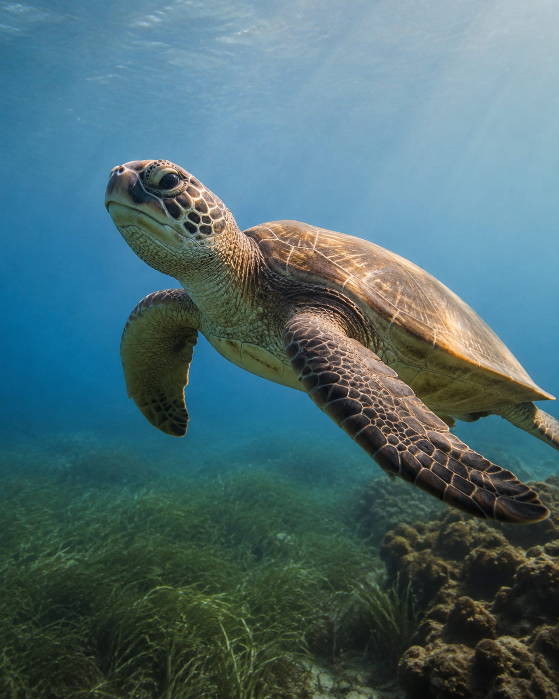 Sea turtle gliding above seagrass and reef
