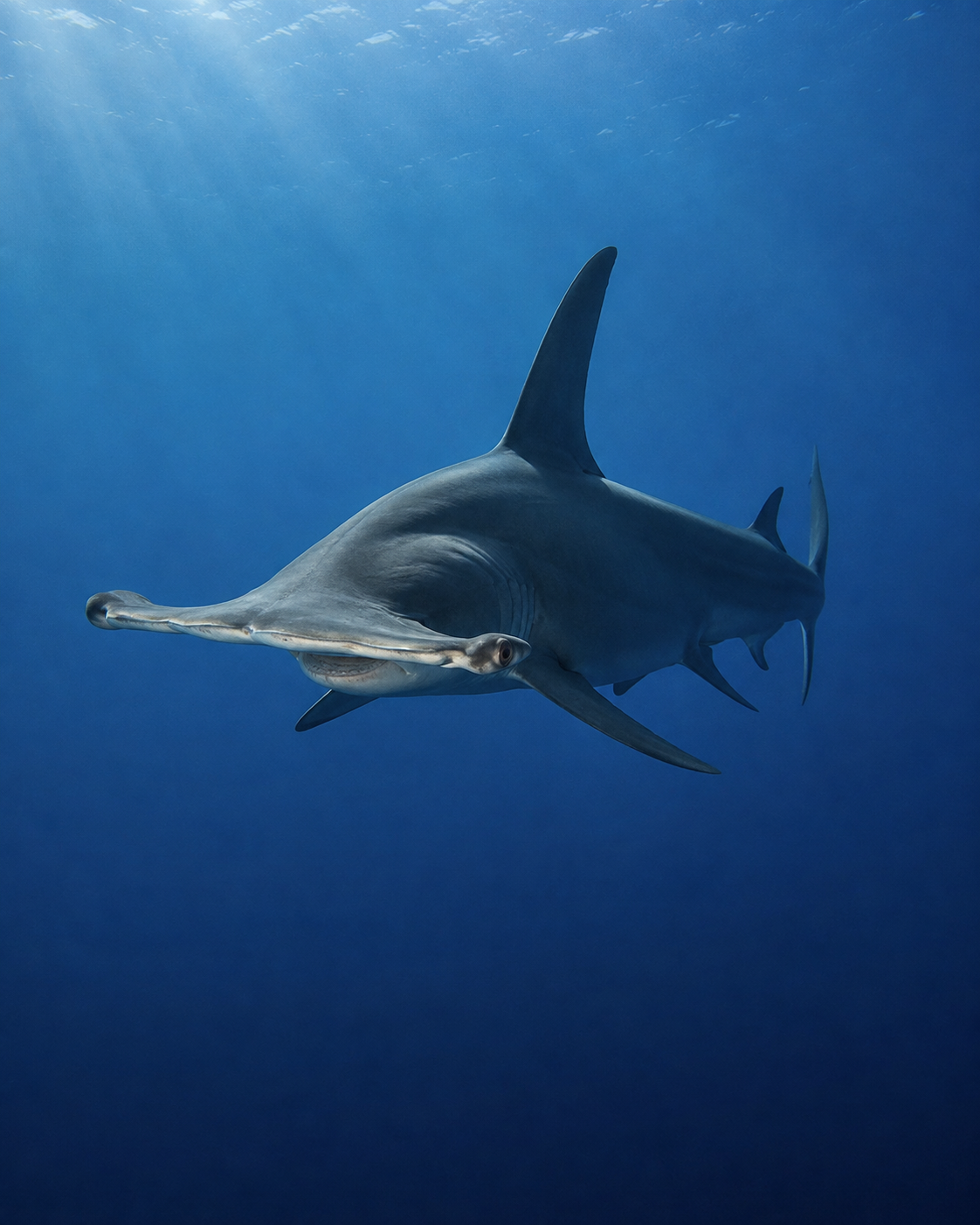 Great hammerhead shark swimming through clear blue ocean