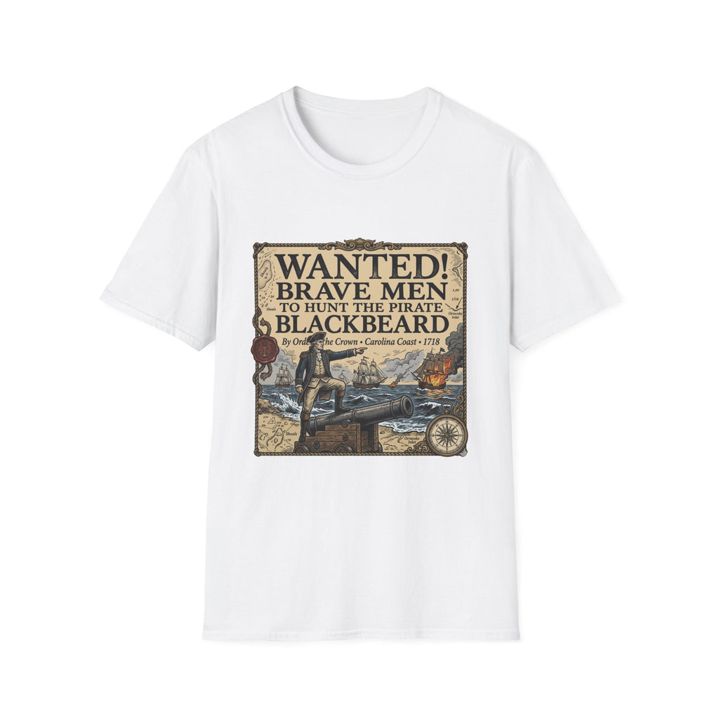 Wanted! Brave Men to Hunt the Pirate Blackbeard T-Shirt — Vintage Pirate Poster Tee