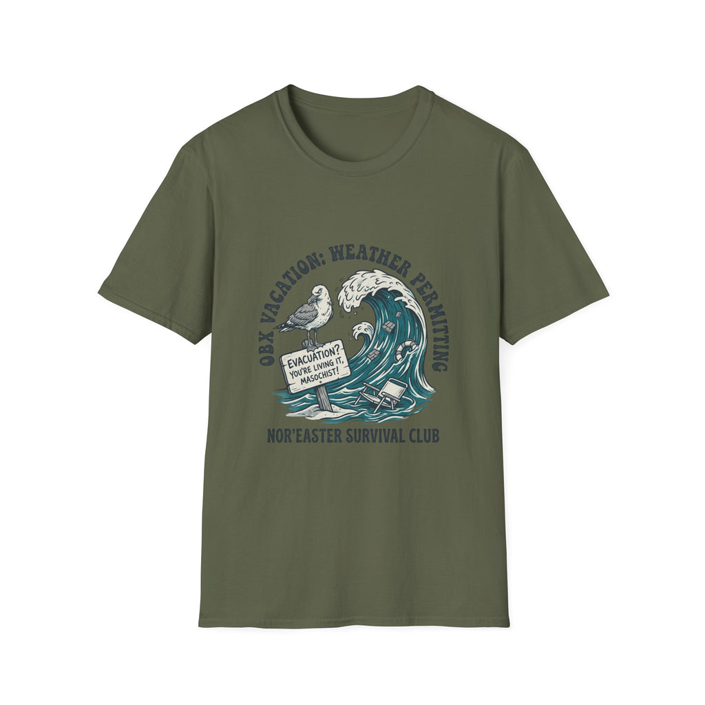 Nor'easter Survival Club T-Shirt — "OK, Vacation: Weather Permitting" Seagull & Wave Tee
