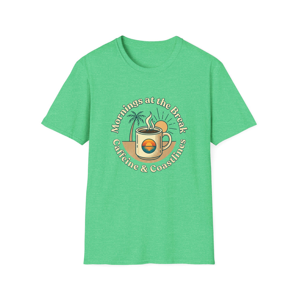 Beach Coffee T-Shirt — "Mornings at the Beach: Sunshine & Caffeine"