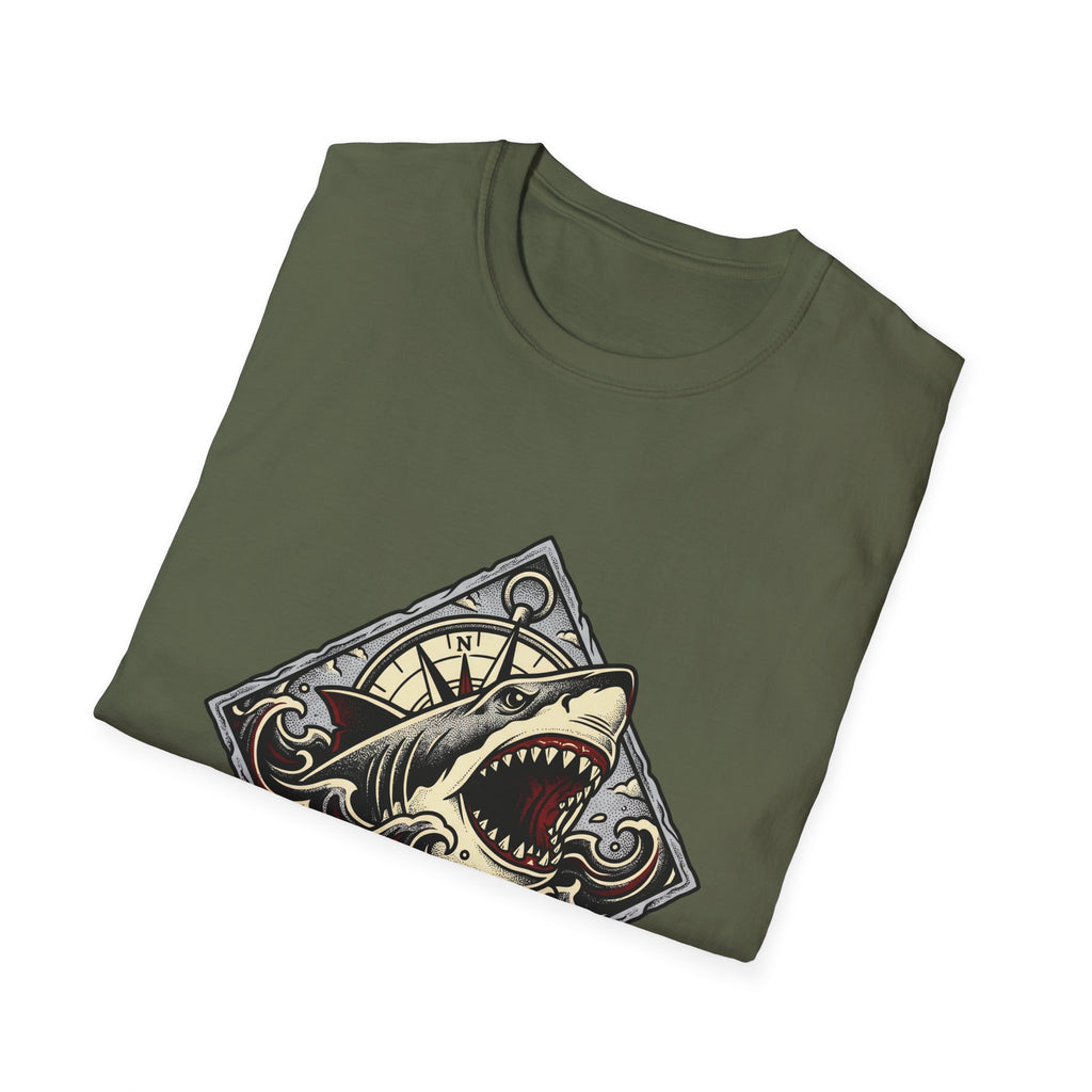 Shark Vintage Crest T-Shirt — "Respect the Current" Nautical Graphic Tee