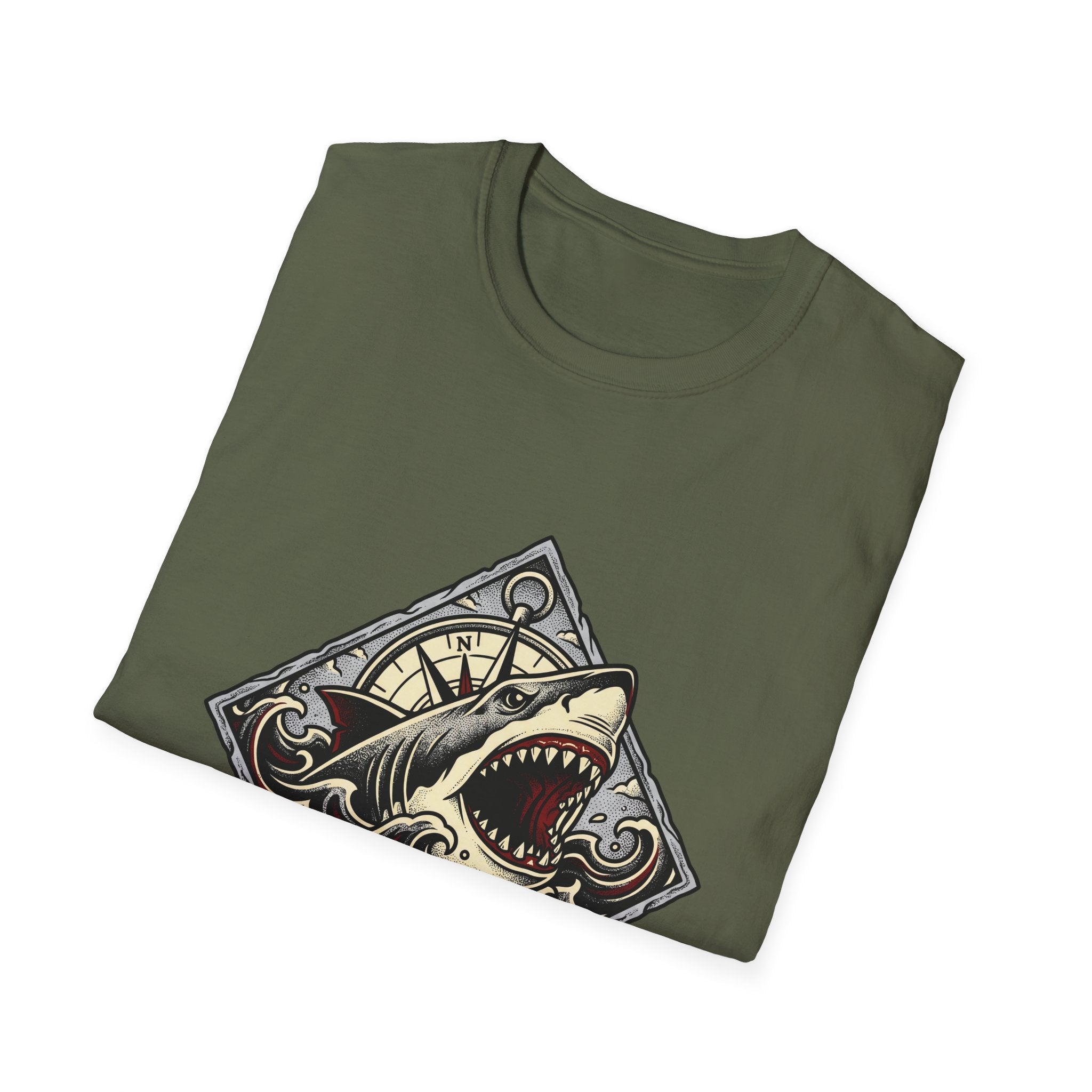 Shark Vintage Crest T-Shirt — "Respect the Current" Nautical Graphic Tee