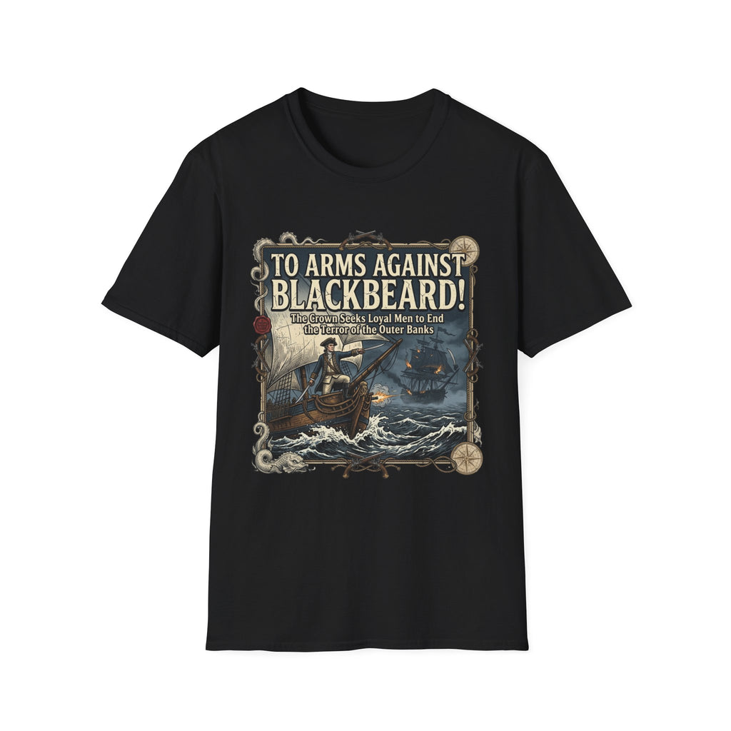 To Arms Against Blackbeard T-Shirt — Vintage Pirate Poster Tee