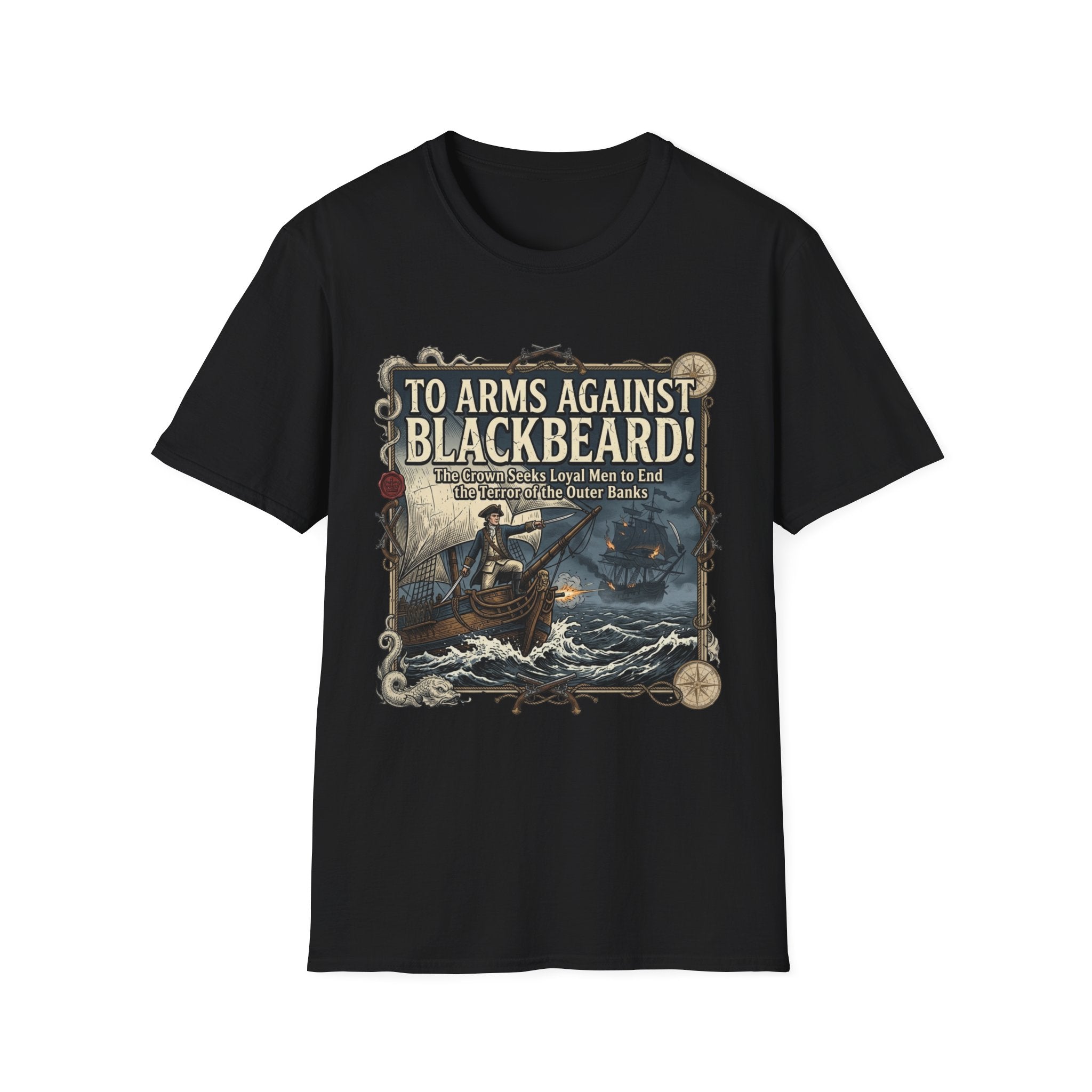 To Arms Against Blackbeard T-Shirt — Vintage Pirate Poster Tee