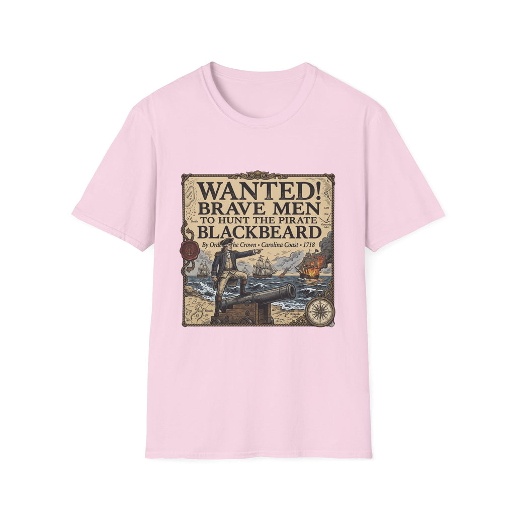 Wanted! Brave Men to Hunt the Pirate Blackbeard T-Shirt — Vintage Pirate Poster Tee
