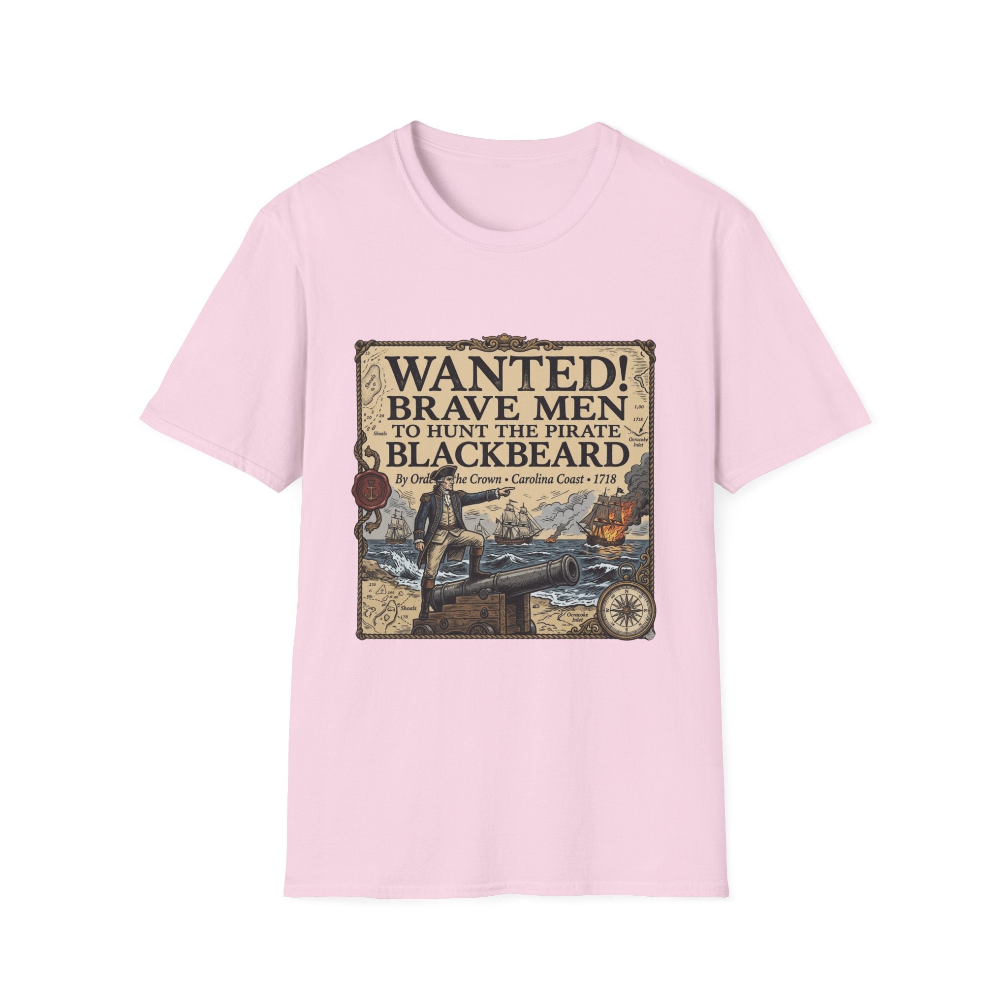 Wanted! Brave Men to Hunt the Pirate Blackbeard T-Shirt — Vintage Pirate Poster Tee
