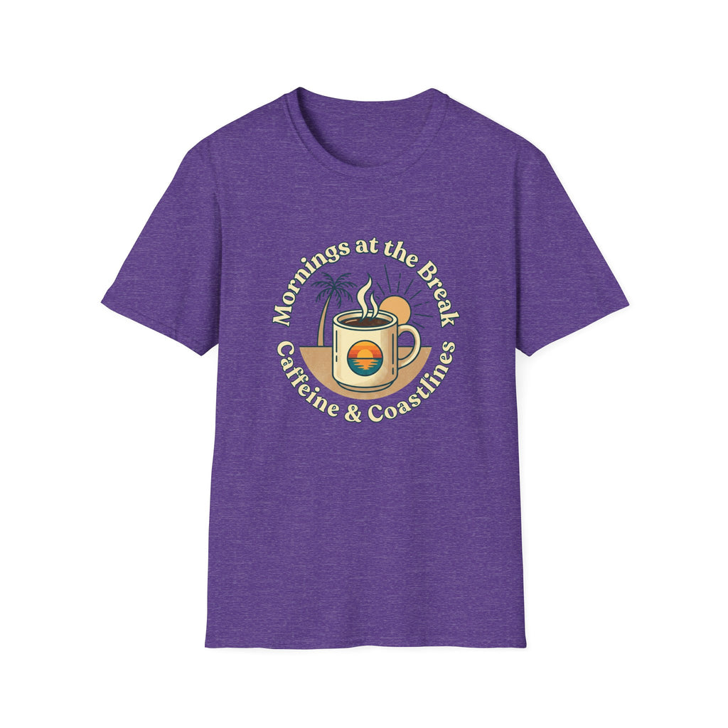 Beach Coffee T-Shirt — "Mornings at the Beach: Sunshine & Caffeine"