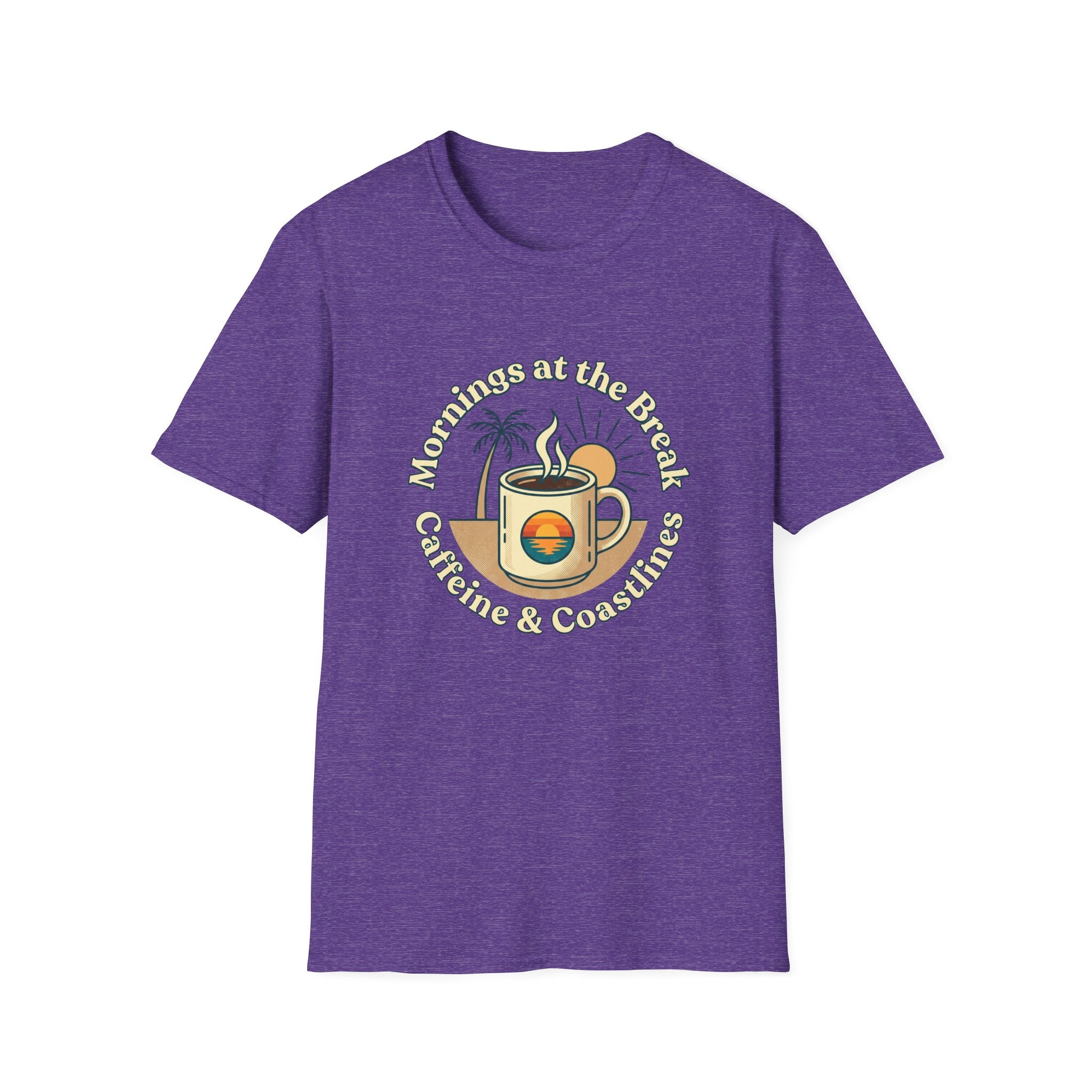 Beach Coffee T-Shirt — "Mornings at the Beach: Sunshine & Caffeine"