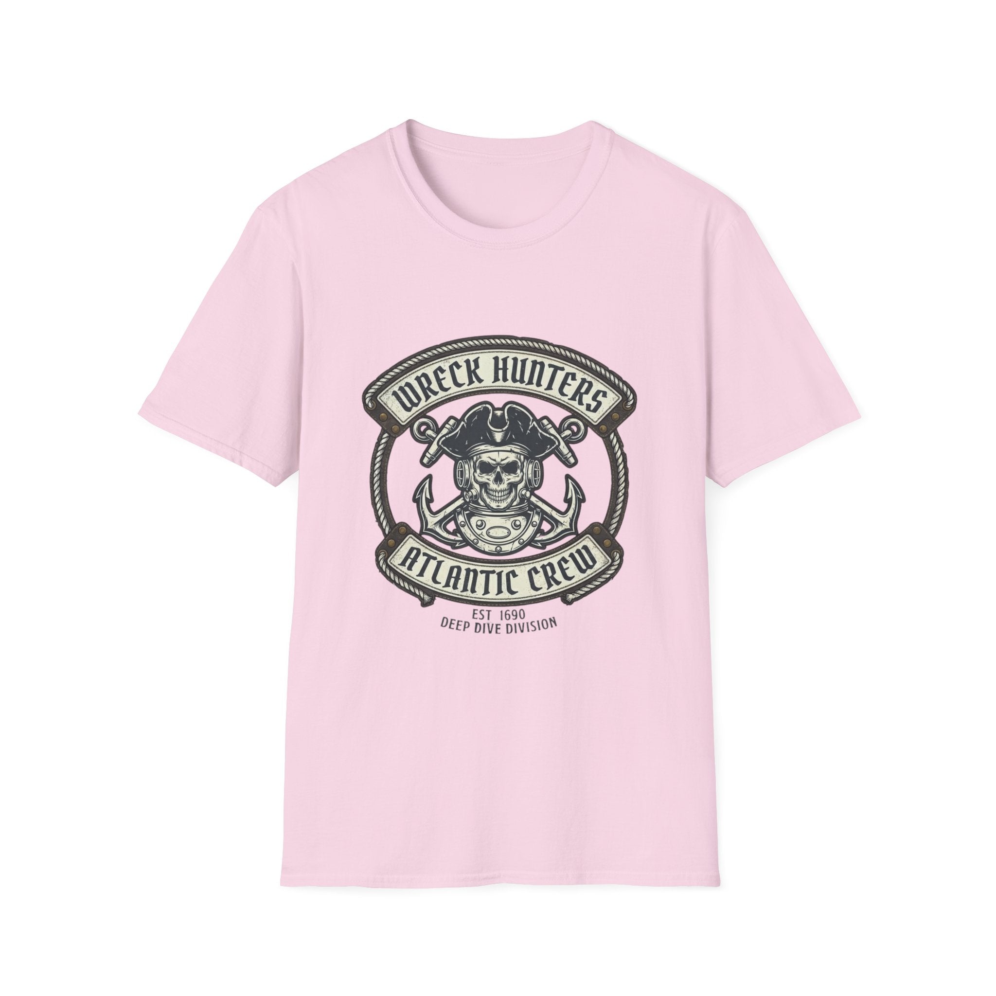 Wreck Hunters Atlantic Crew T‑Shirt — Pirate Skull & Anchor Nautical Graphic Tee