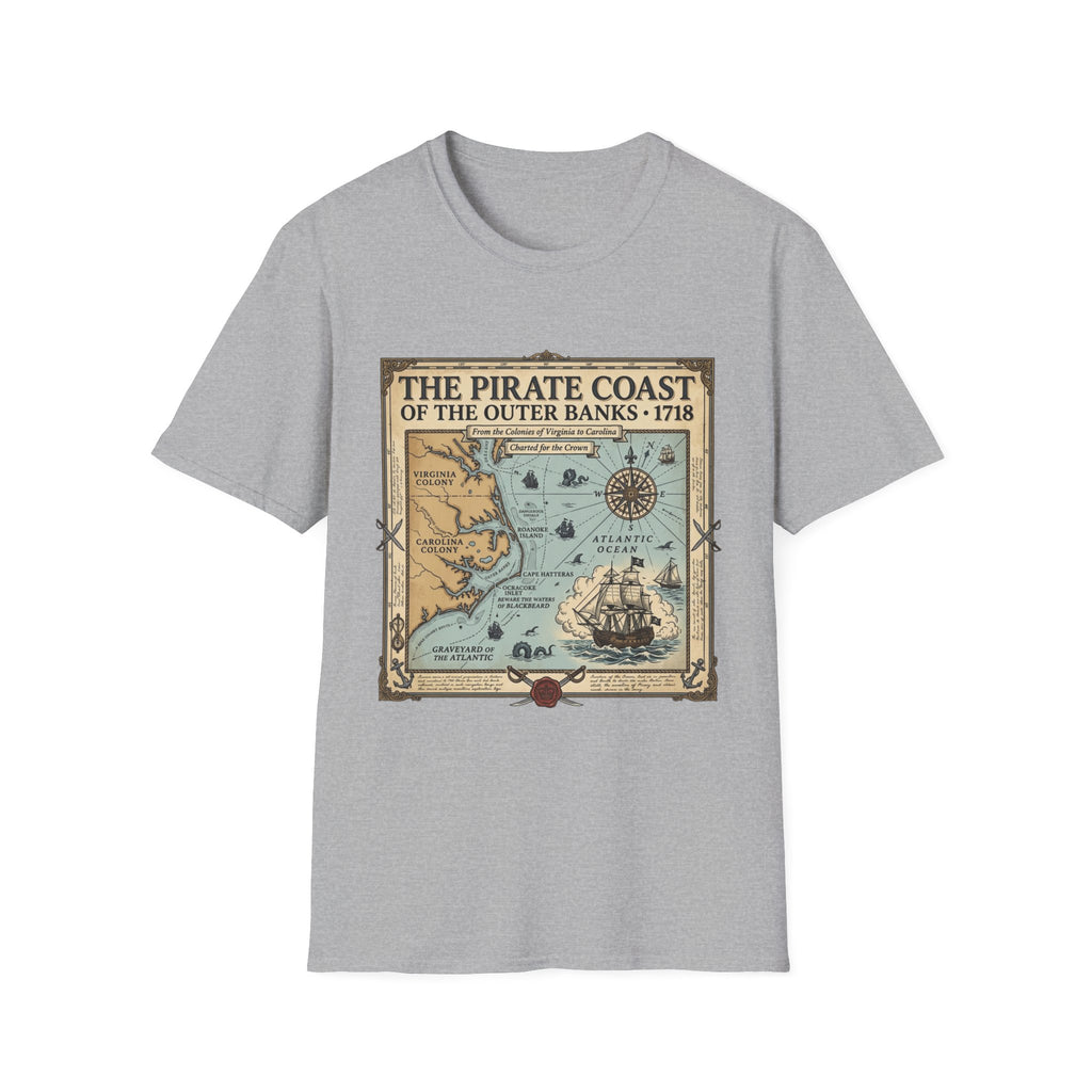 Pirate Coast Map T-Shirt — 'The Pirate Coast of the Outer Banks • 1718' Vintage Nautical Tee