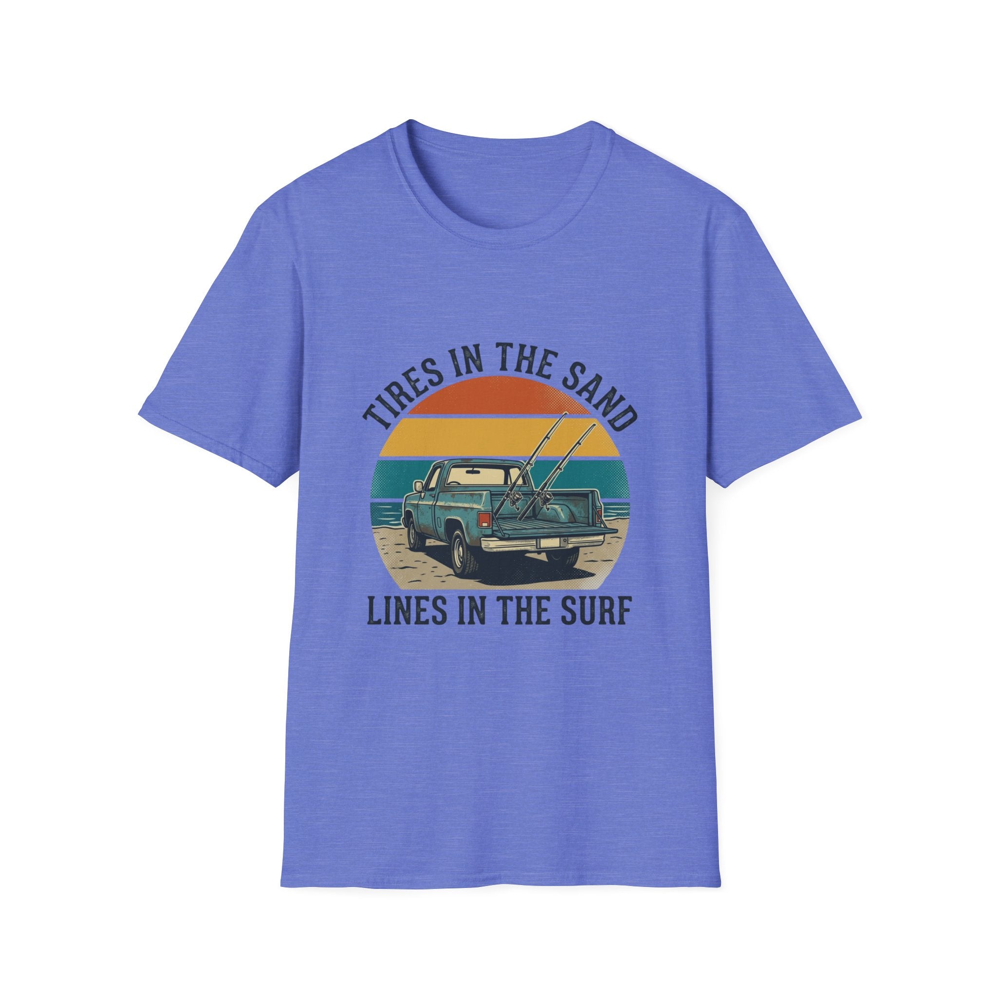 Surf Jeep T-Shirt — "Tires in the Sand, Lines in the Surf" Retro Beach Graphic