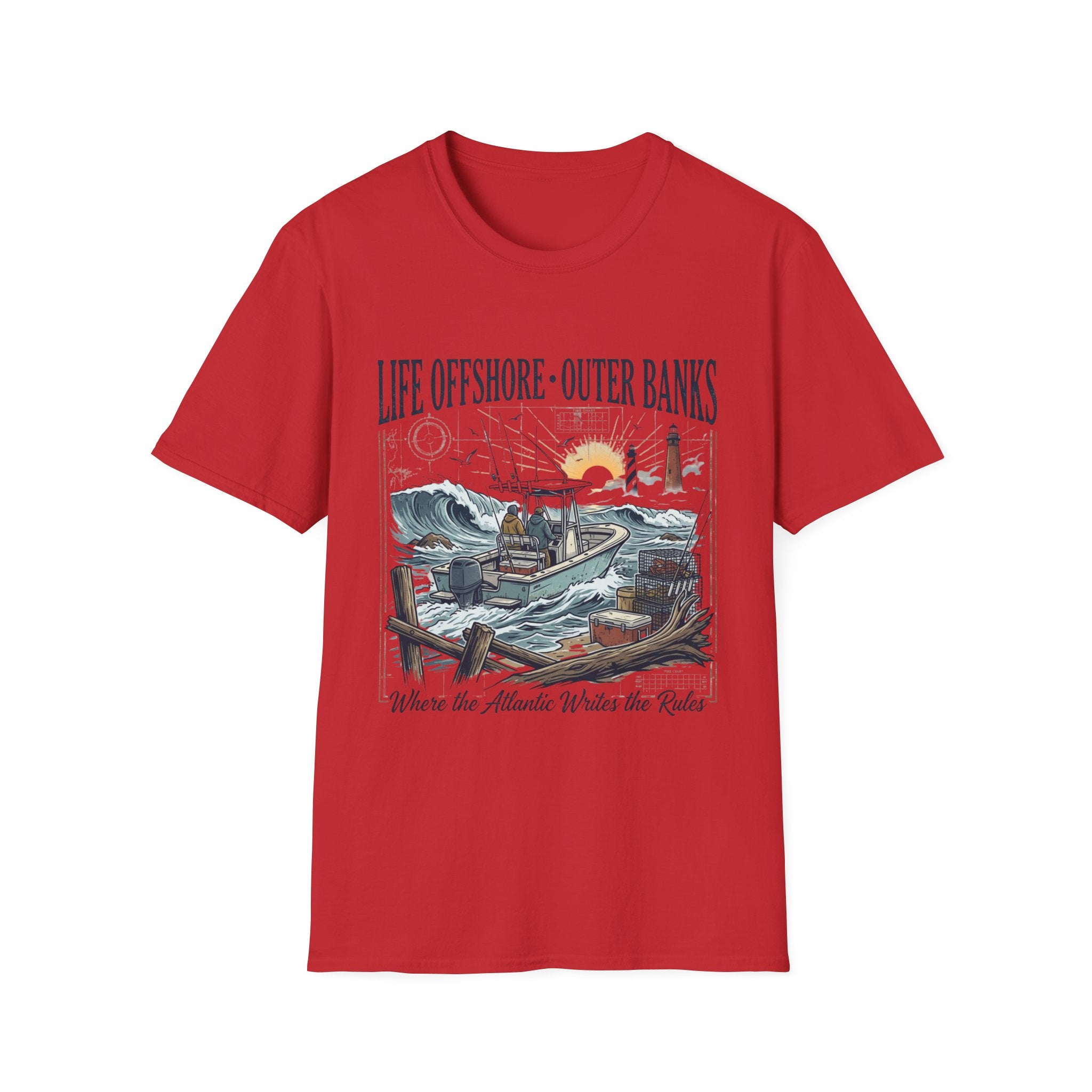 Outer Banks Life Offshore T-Shirt — Coastal Fishing Boat & Lighthouse Tee
