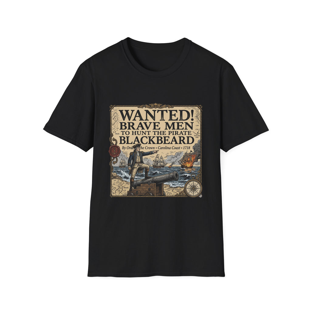 Wanted! Brave Men to Hunt the Pirate Blackbeard T-Shirt — Vintage Pirate Poster Tee