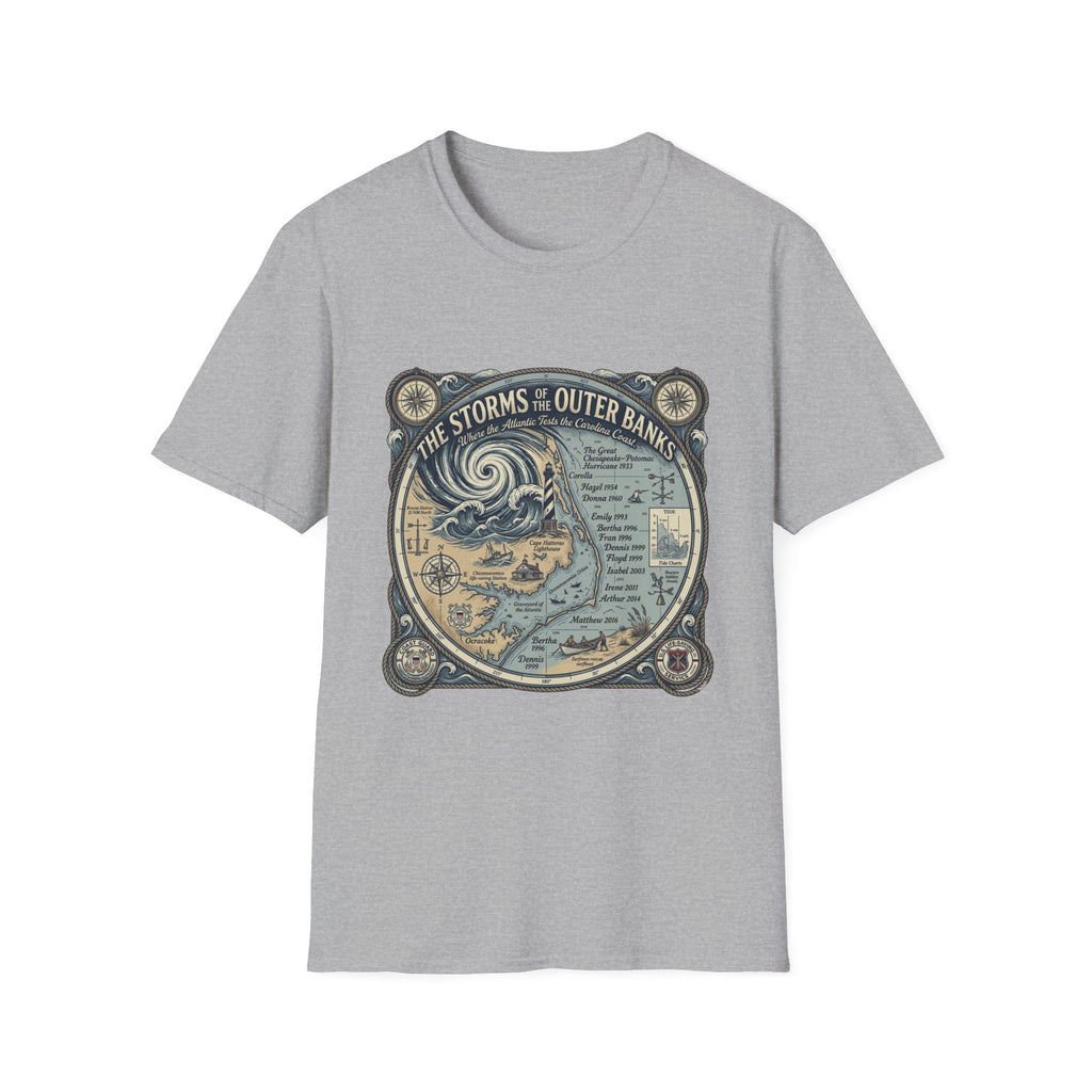Outer Banks Storms Map T-Shirt — Vintage Coastal Weather Illustration