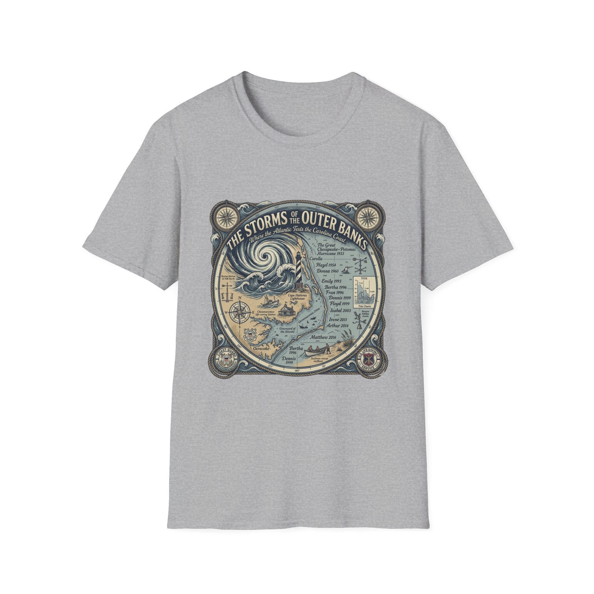 Outer Banks Storms Map T-Shirt — Vintage Coastal Weather Illustration