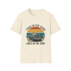 Surf Jeep T-Shirt — "Tires in the Sand, Lines in the Surf" Retro Beach Graphic