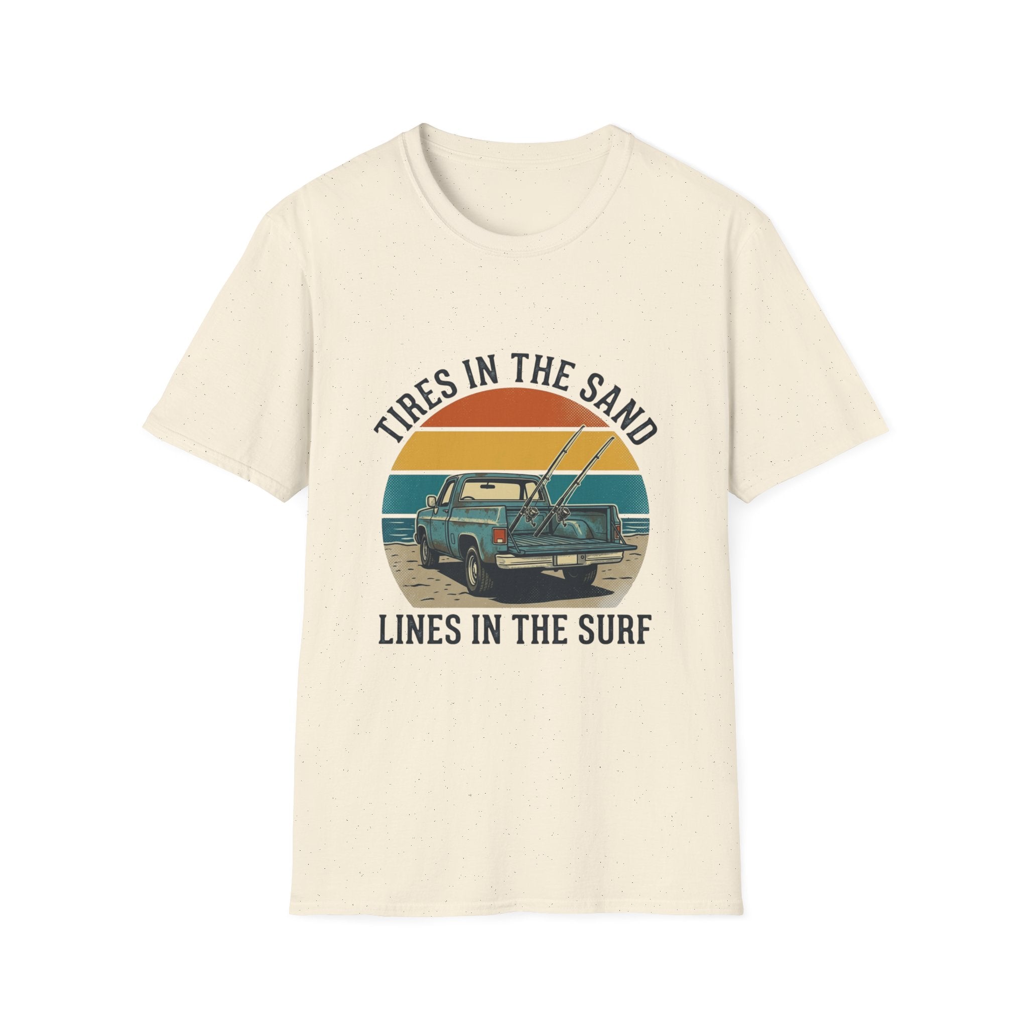 Surf Jeep T-Shirt — "Tires in the Sand, Lines in the Surf" Retro Beach Graphic