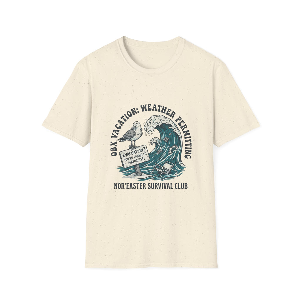 Nor'easter Survival Club T-Shirt — "OK, Vacation: Weather Permitting" Seagull & Wave Tee