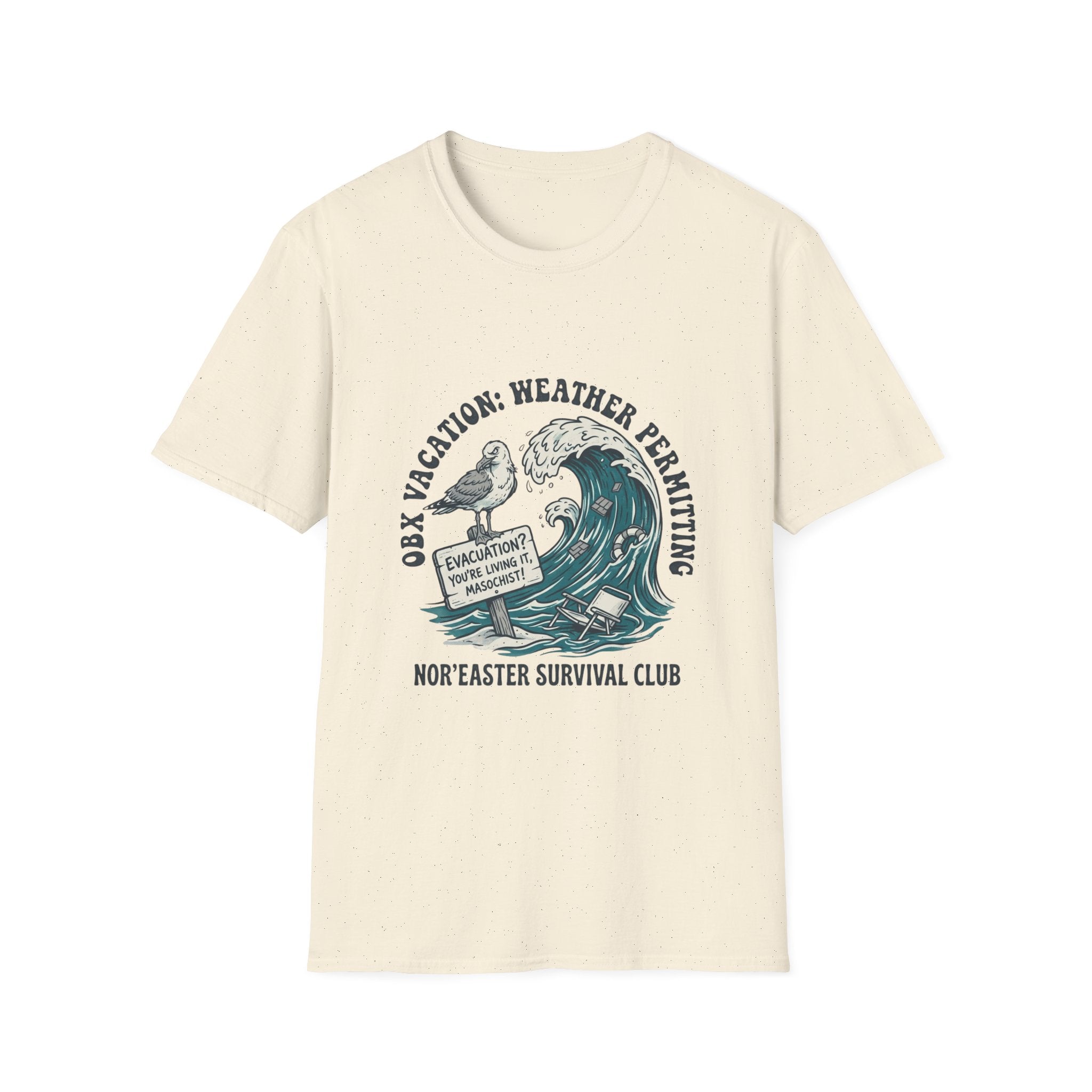 Nor'easter Survival Club T-Shirt — "OK, Vacation: Weather Permitting" Seagull & Wave Tee