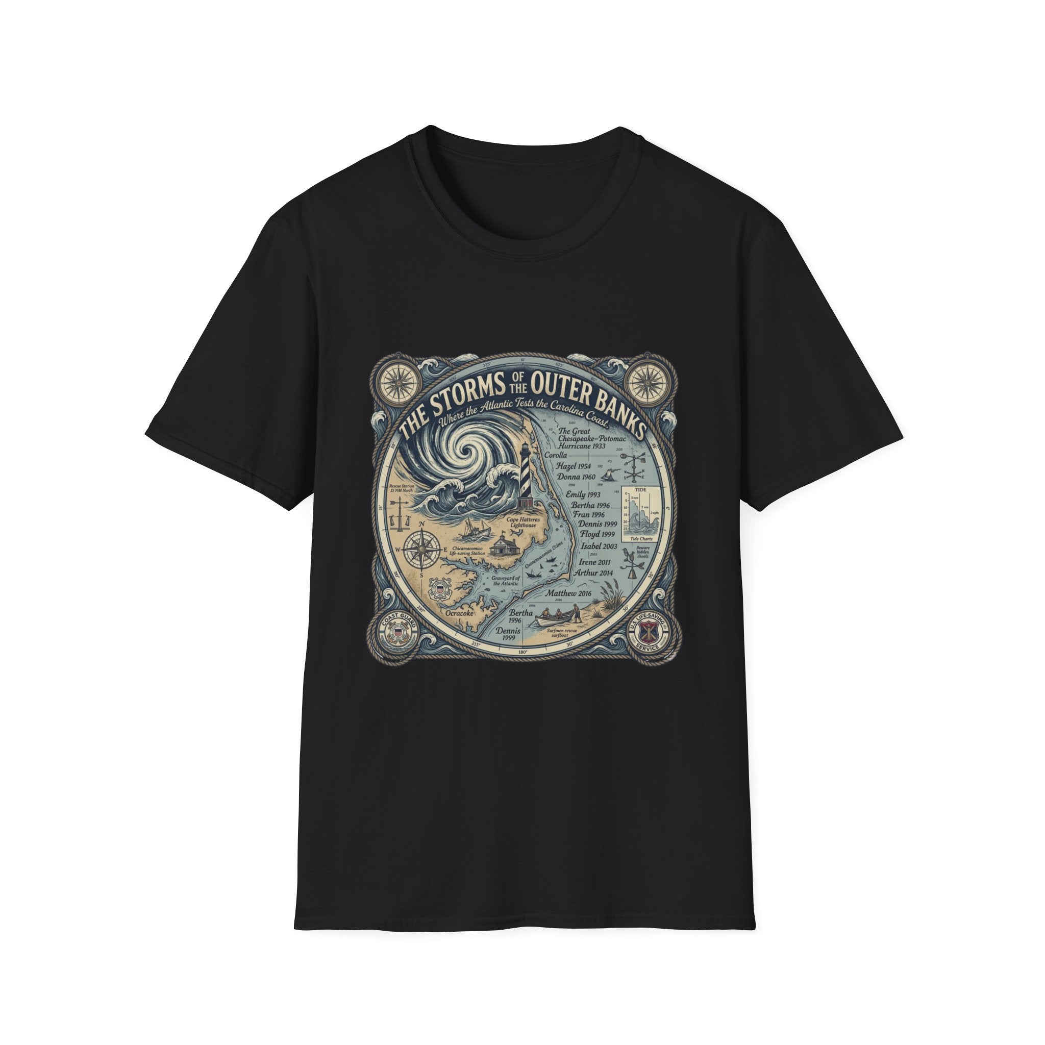 Outer Banks Storms Map T-Shirt — Vintage Coastal Weather Illustration