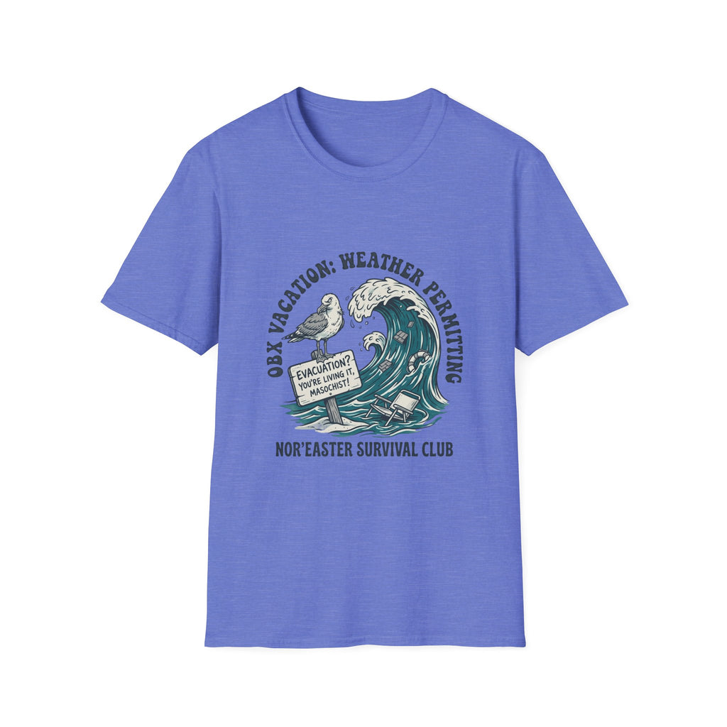Nor'easter Survival Club T-Shirt — "OK, Vacation: Weather Permitting" Seagull & Wave Tee