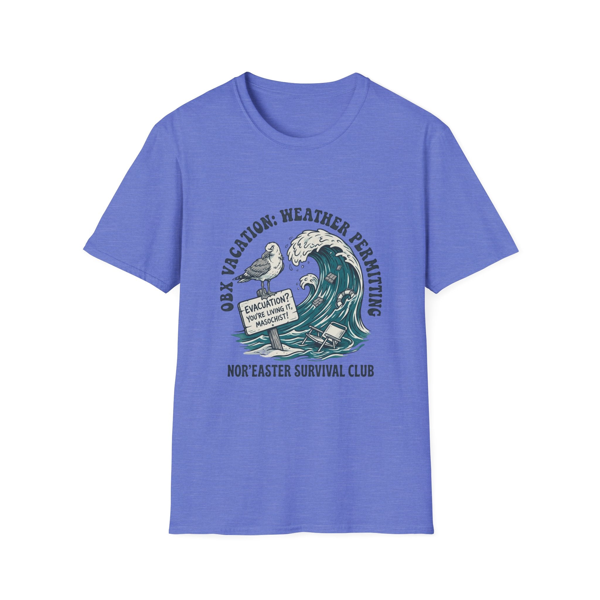 Nor'easter Survival Club T-Shirt — "OK, Vacation: Weather Permitting" Seagull & Wave Tee