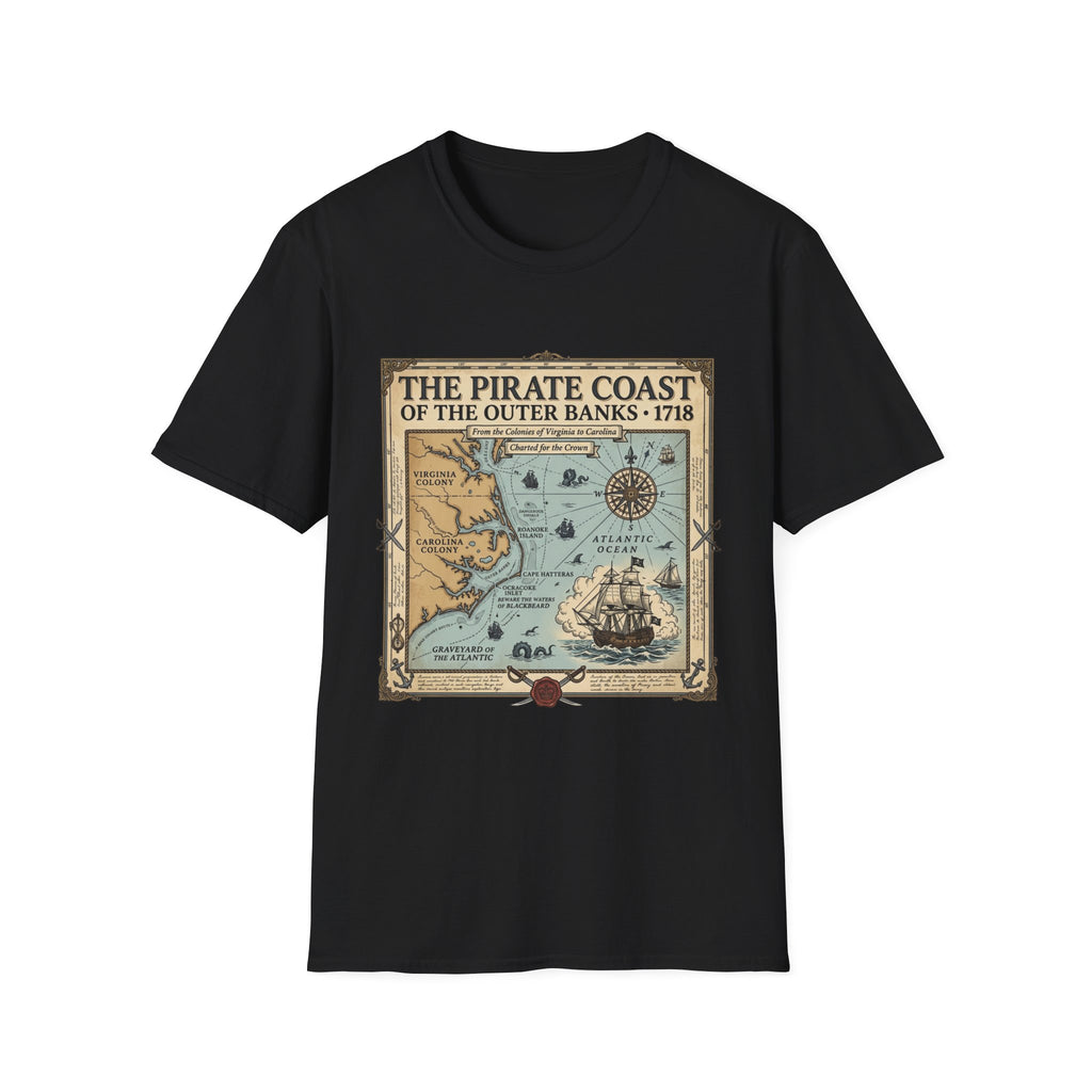 Pirate Coast Map T-Shirt — 'The Pirate Coast of the Outer Banks • 1718' Vintage Nautical Tee