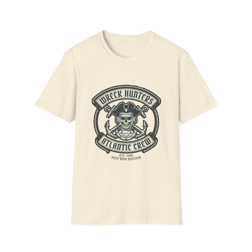 Wreck Hunters Atlantic Crew T‑Shirt — Pirate Skull & Anchor Nautical Graphic Tee