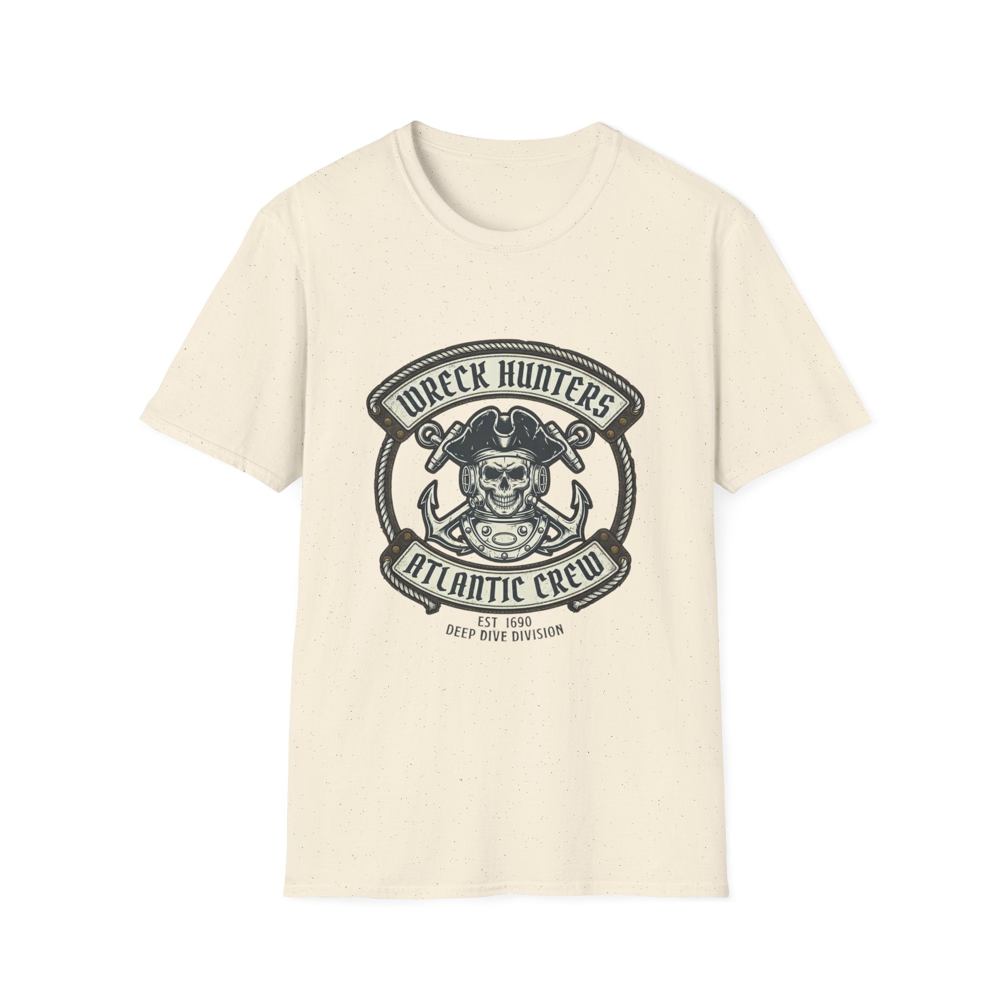 Wreck Hunters Atlantic Crew T‑Shirt — Pirate Skull & Anchor Nautical Graphic Tee