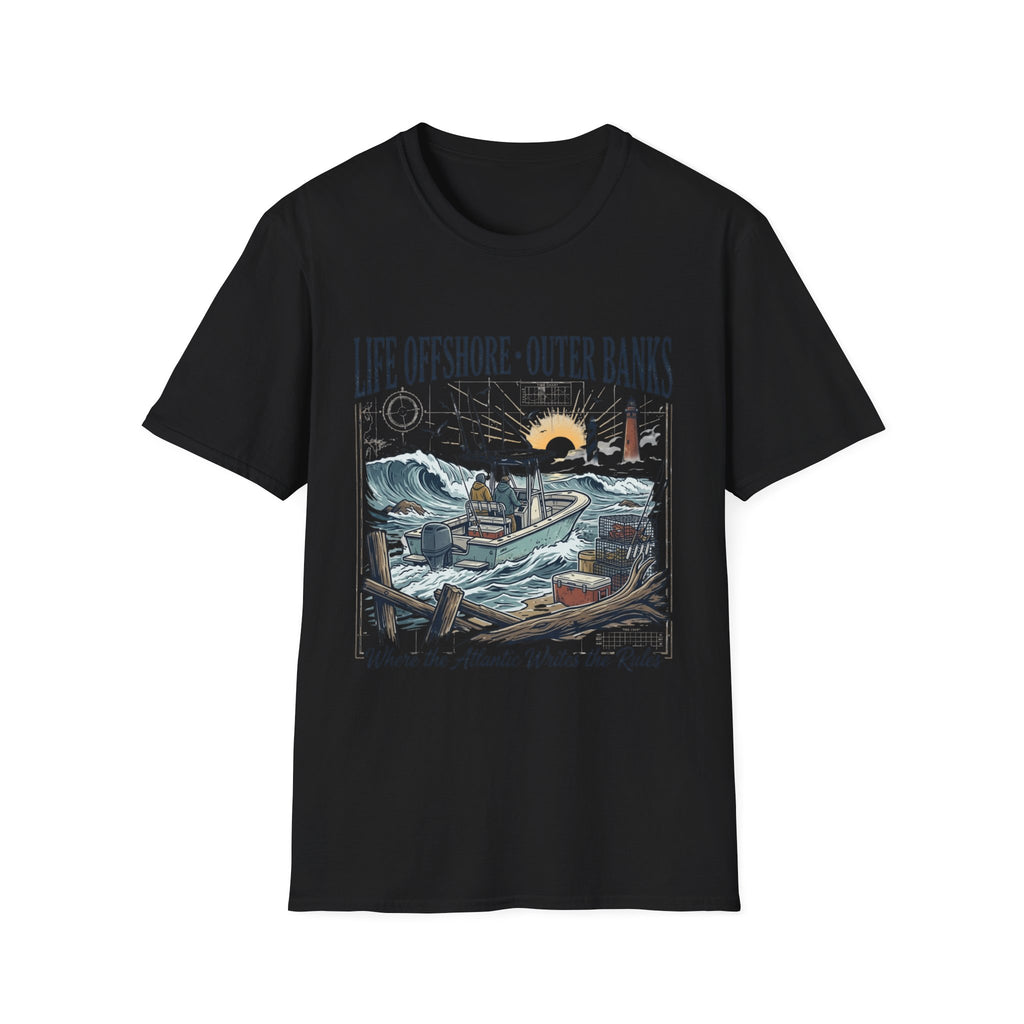 Outer Banks Life Offshore T-Shirt — Coastal Fishing Boat & Lighthouse Tee