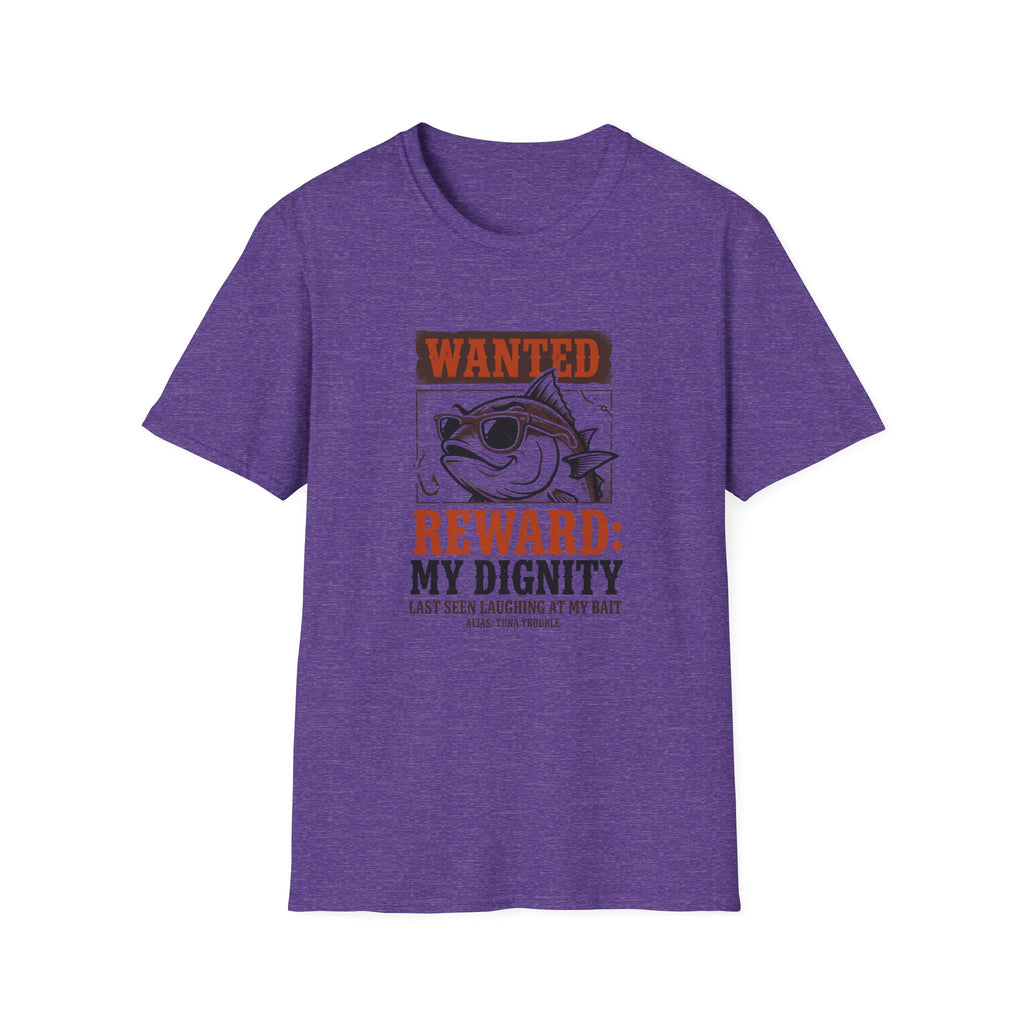 T-Shirt — "Wanted: Reward: My Dignity" Funny Fishing Cat Graphic Tee