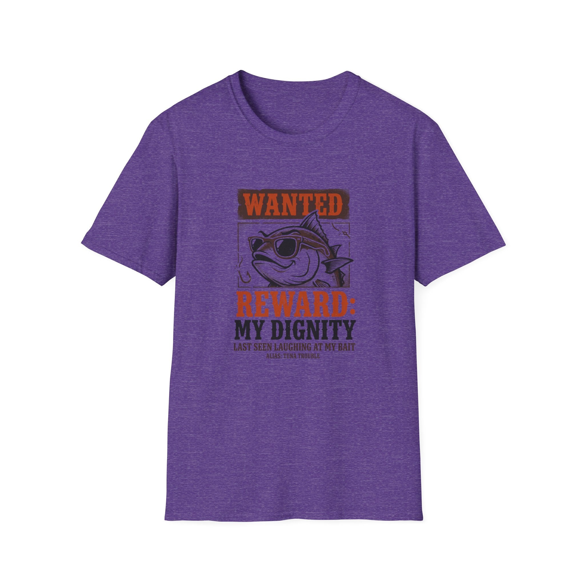 T-Shirt — "Wanted: Reward: My Dignity" Funny Fishing Cat Graphic Tee