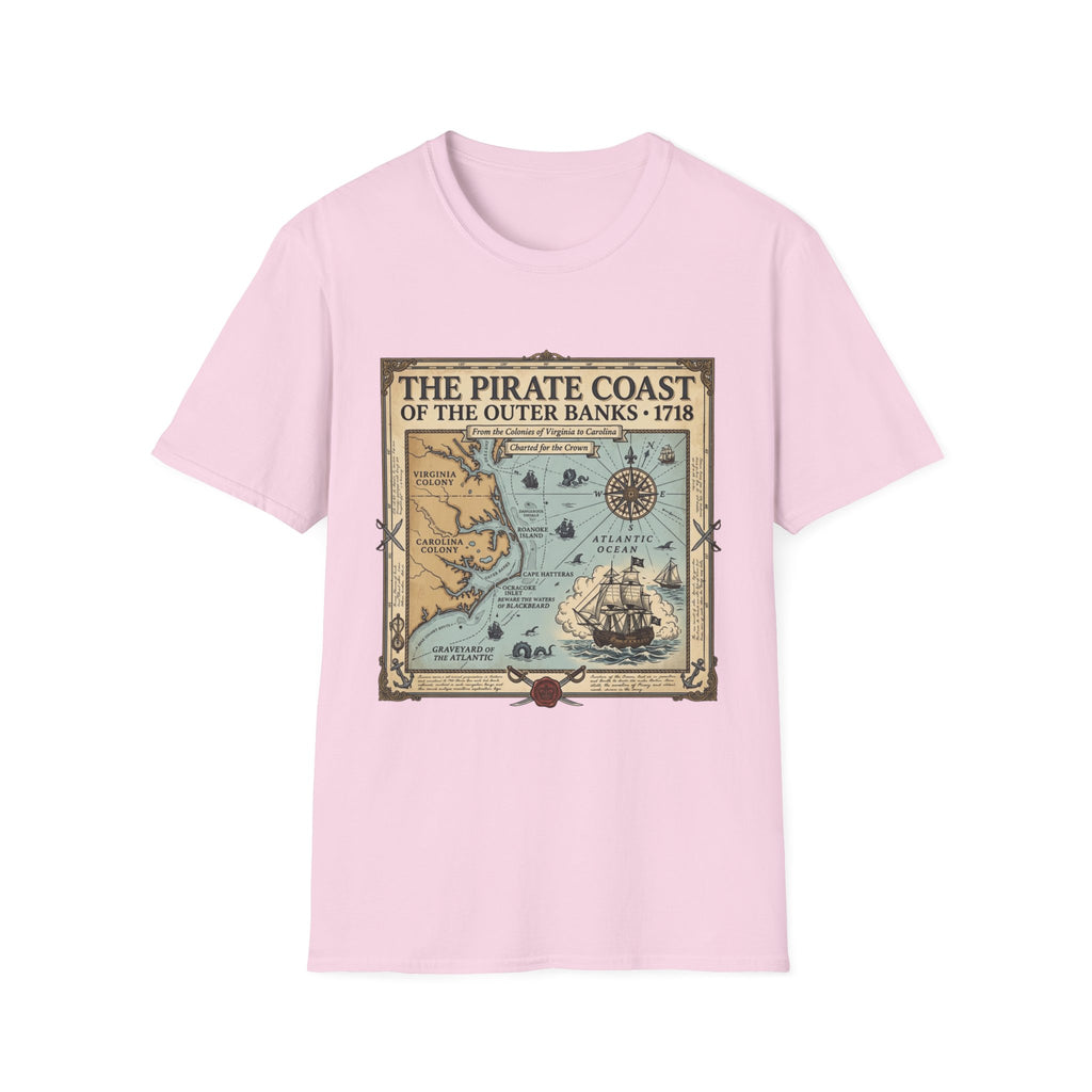 Pirate Coast Map T-Shirt — 'The Pirate Coast of the Outer Banks • 1718' Vintage Nautical Tee