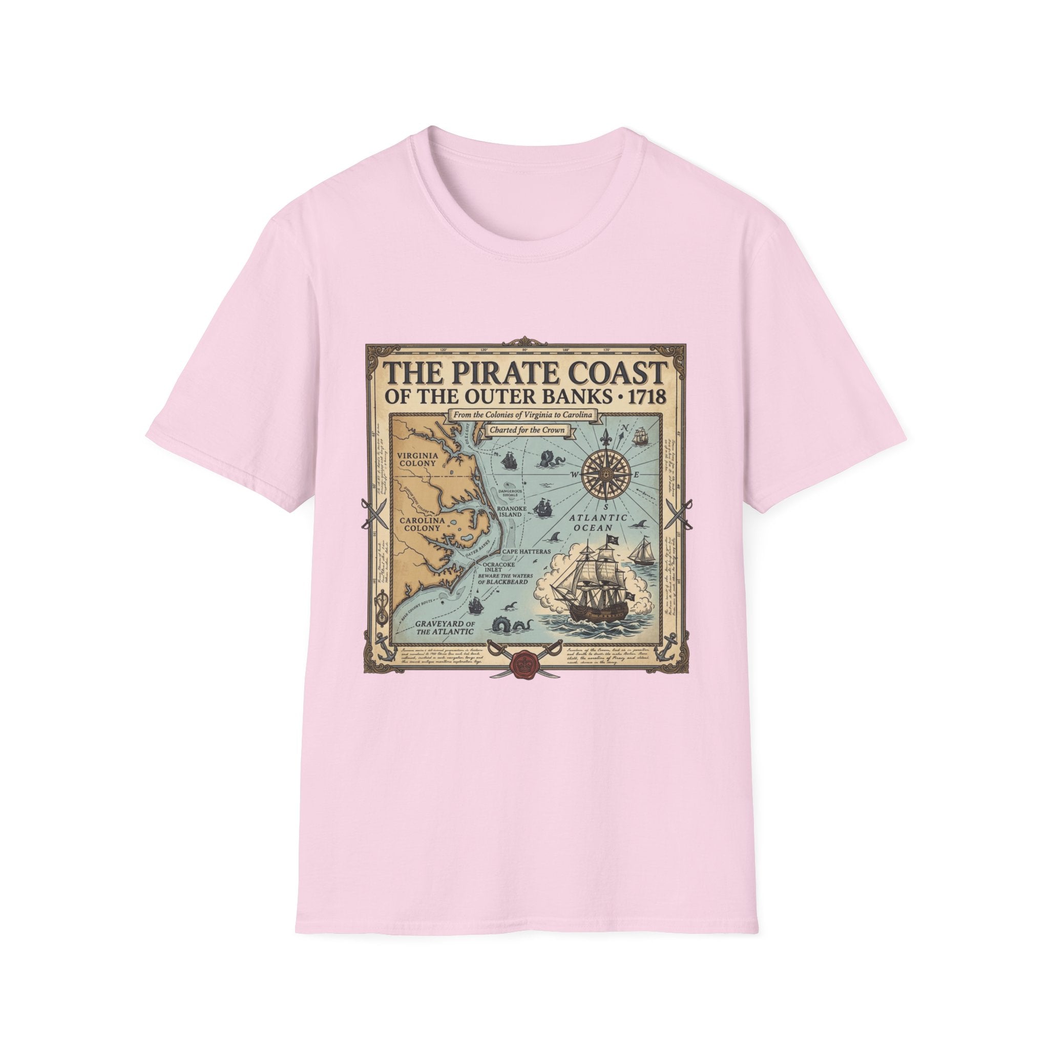 Pirate Coast Map T-Shirt — 'The Pirate Coast of the Outer Banks • 1718' Vintage Nautical Tee