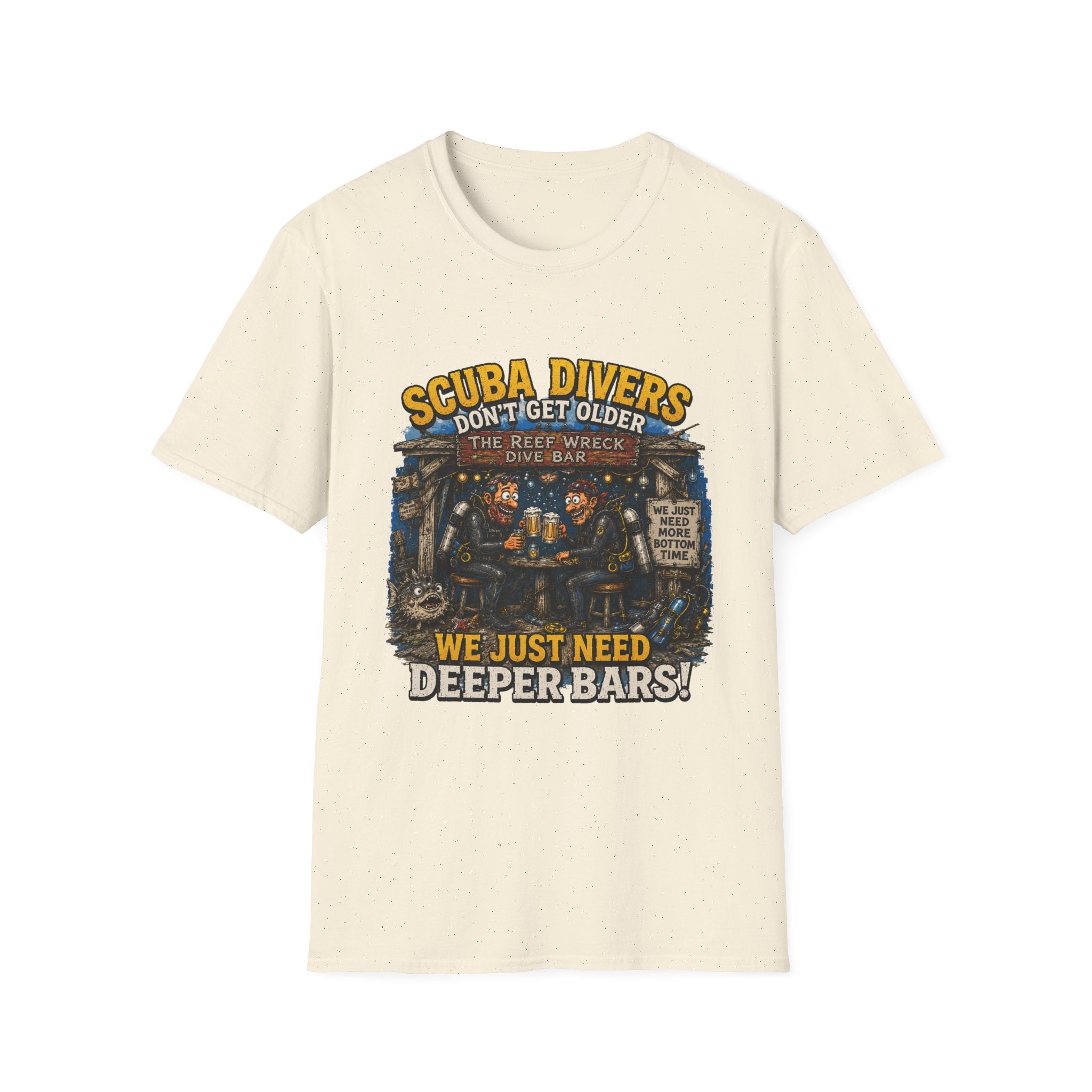 Scuba Divers Don’t Get Older We Just Need Deeper Bars T-Shirt — Funny Diver Tee for Scuba Enthusiasts