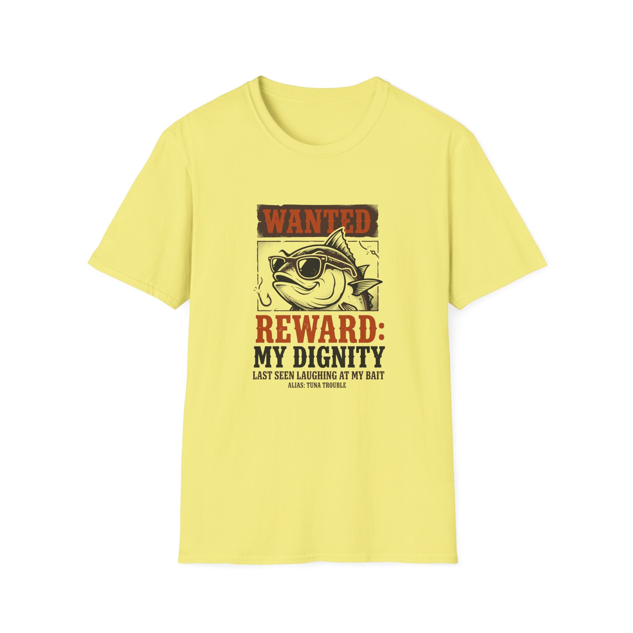 T-Shirt — "Wanted: Reward: My Dignity" Funny Fishing Cat Graphic Tee