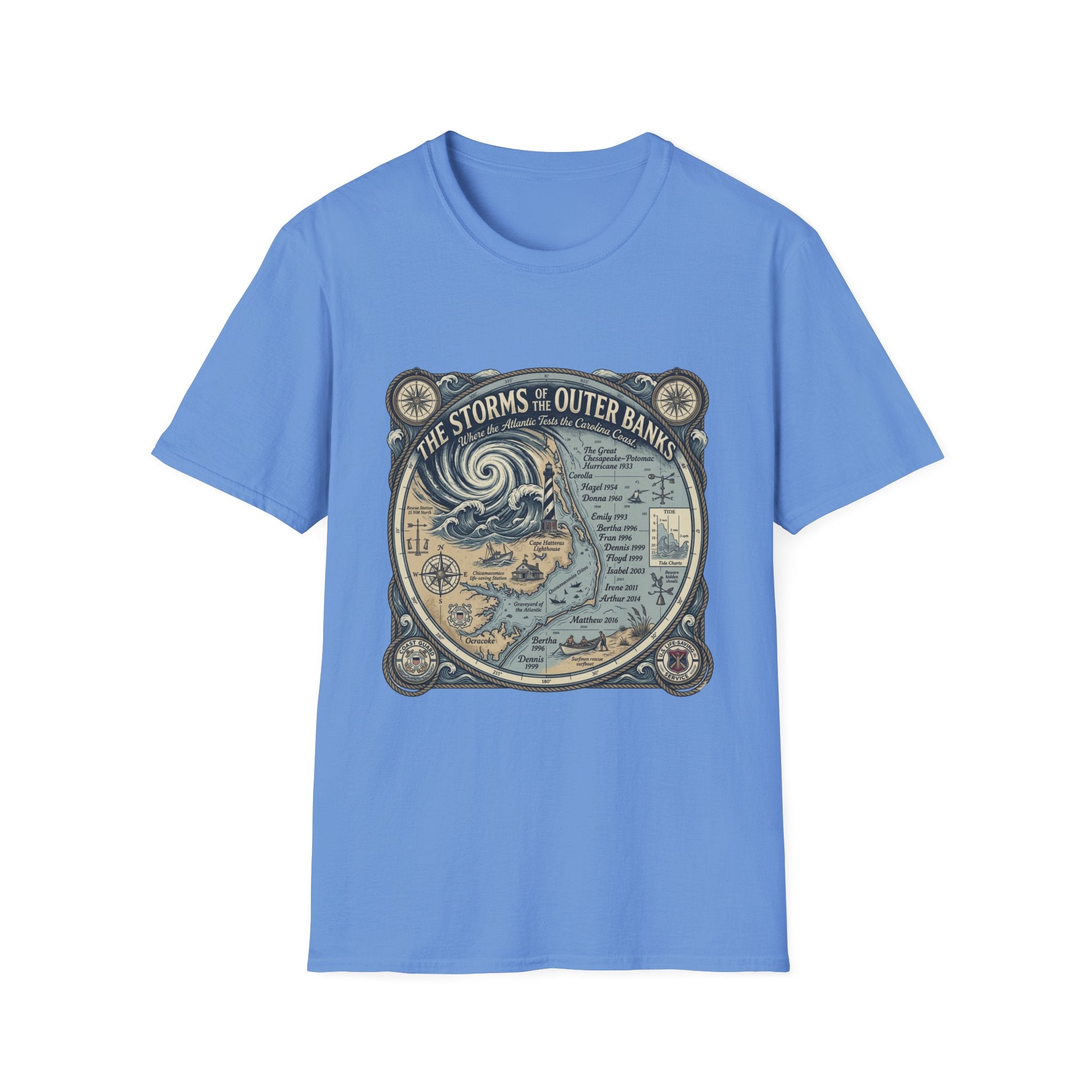 Outer Banks Storms Map T-Shirt — Vintage Coastal Weather Illustration