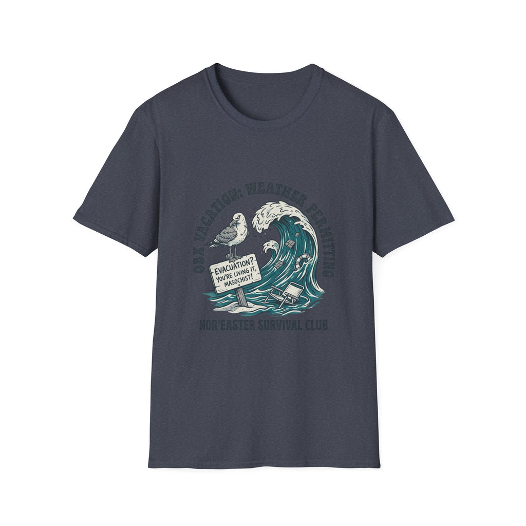 Nor'easter Survival Club T-Shirt — "OK, Vacation: Weather Permitting" Seagull & Wave Tee