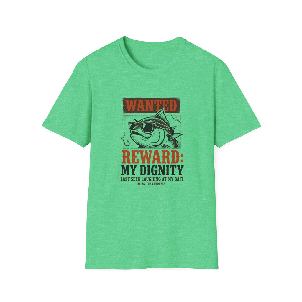 T-Shirt — "Wanted: Reward: My Dignity" Funny Fishing Cat Graphic Tee
