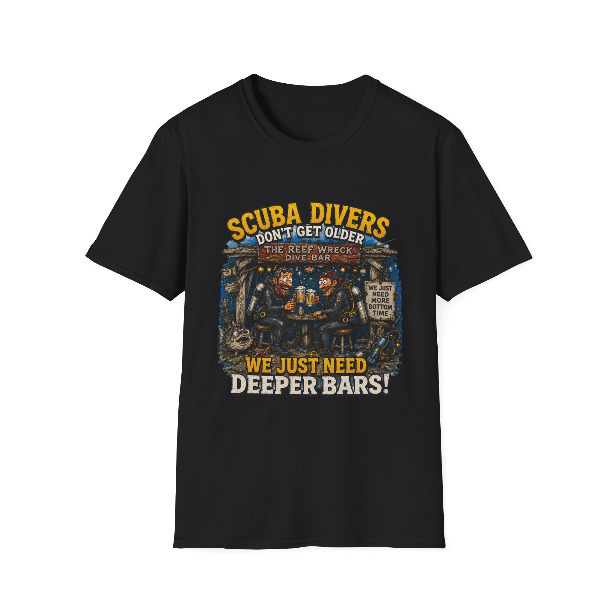 Scuba Divers Don’t Get Older We Just Need Deeper Bars T-Shirt — Funny Diver Tee for Scuba Enthusiasts
