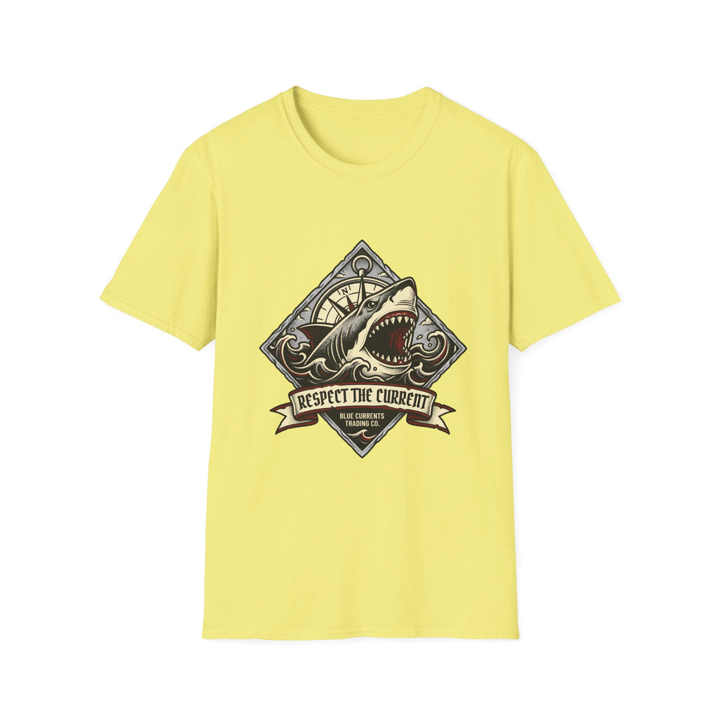 Shark Vintage Crest T-Shirt — "Respect the Current" Nautical Graphic Tee
