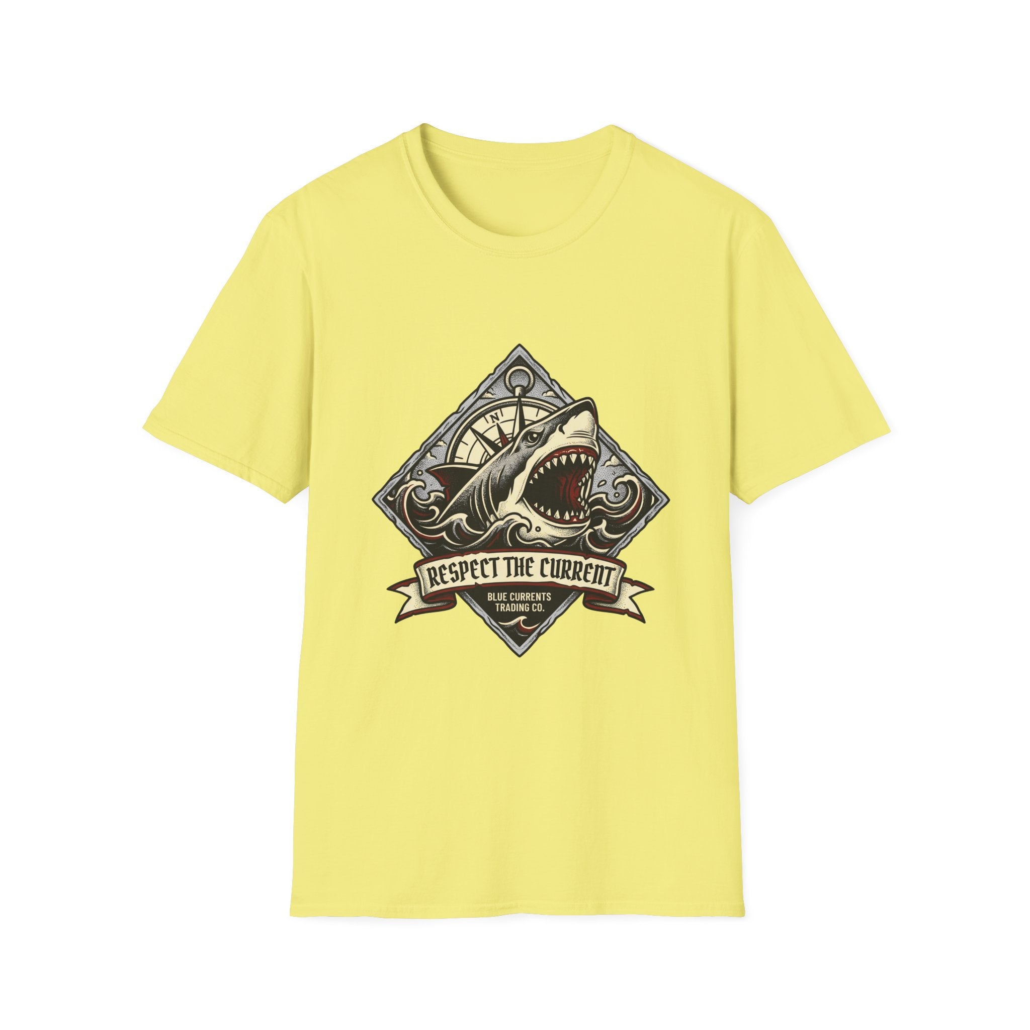 Shark Vintage Crest T-Shirt — "Respect the Current" Nautical Graphic Tee