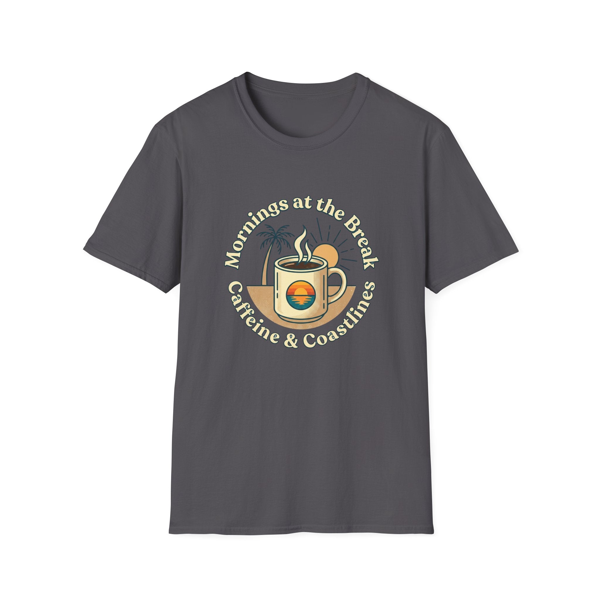 Beach Coffee T-Shirt — "Mornings at the Beach: Sunshine & Caffeine"
