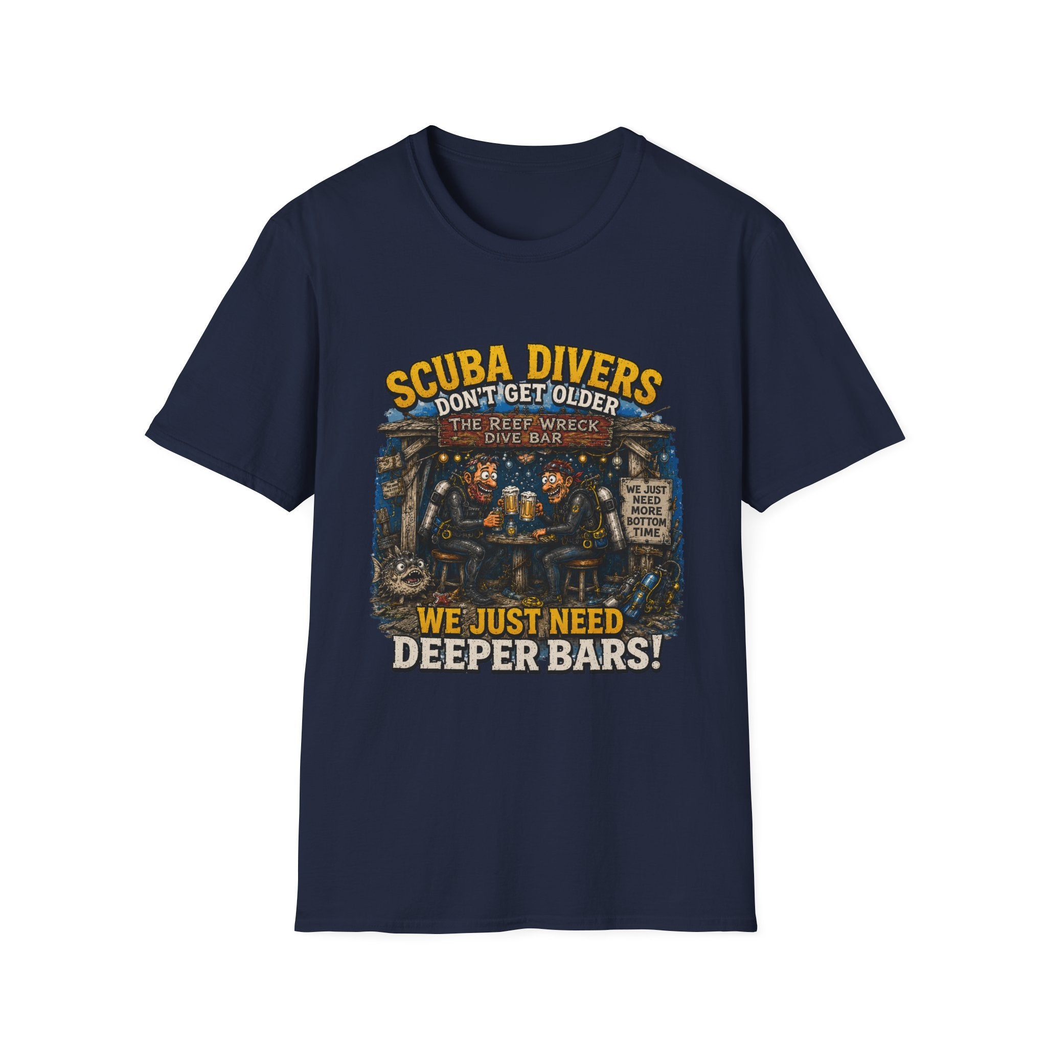 Scuba Divers Don’t Get Older We Just Need Deeper Bars T-Shirt — Funny Diver Tee for Scuba Enthusiasts