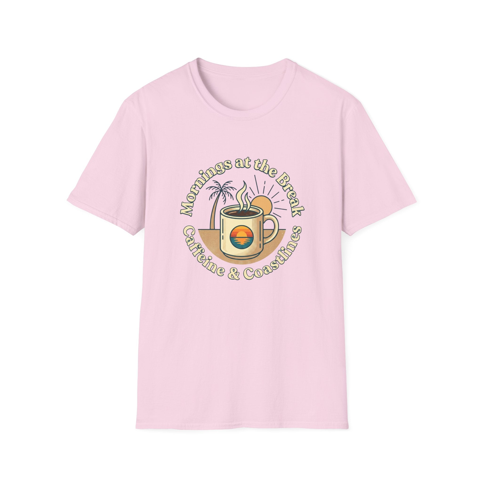 Beach Coffee T-Shirt — "Mornings at the Beach: Sunshine & Caffeine"
