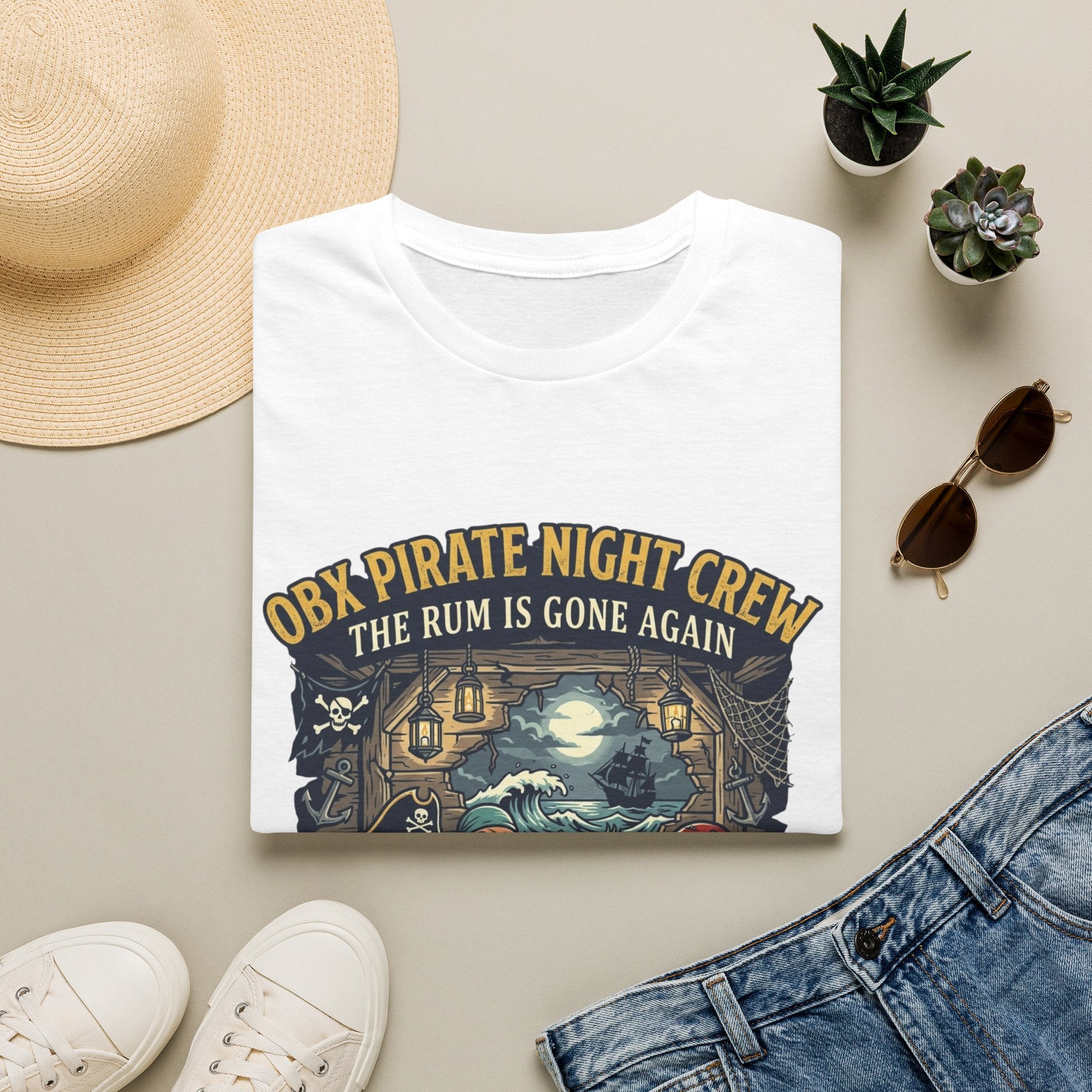 Pirate Night Crew T‑Shirt — "OBX Pirate Night Crew: The Rum Is Gone Again" Graphic Tee