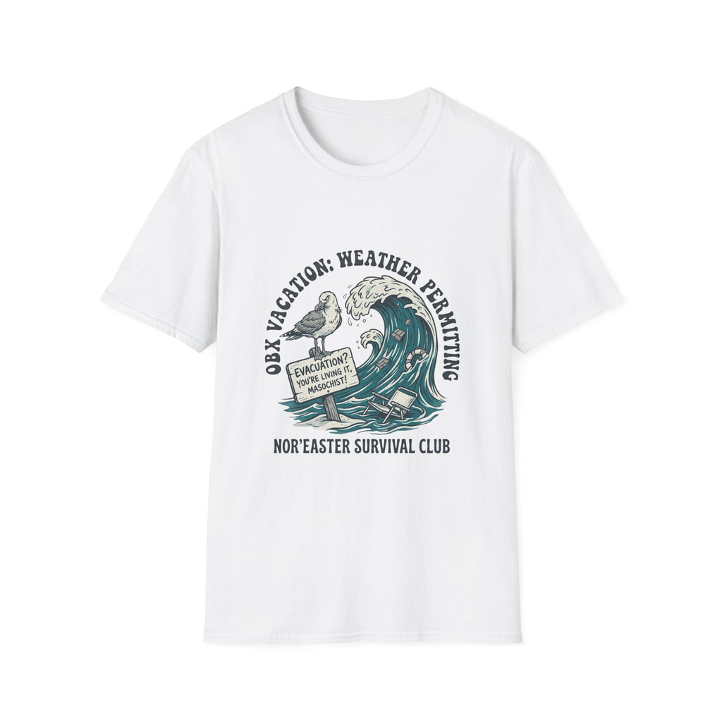 Nor'easter Survival Club T-Shirt — "OK, Vacation: Weather Permitting" Seagull & Wave Tee
